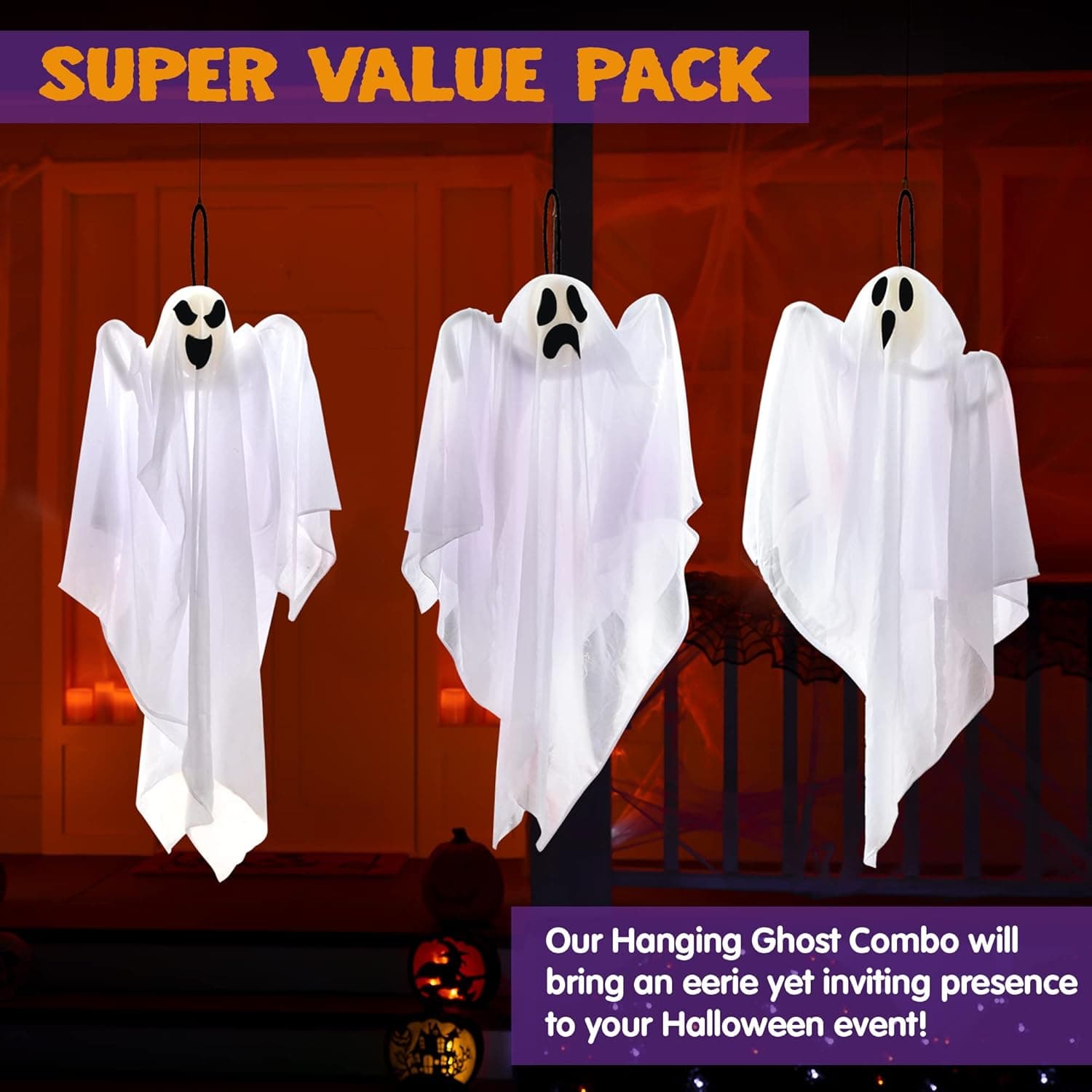 JOYIN 3 PCS Halloween Party Decoration 27.5" Hanging Ghosts, Cute Flying Ghost for Front Yard Patio Lawn Garden Party Décor and Holiday Decorations - Image 3
