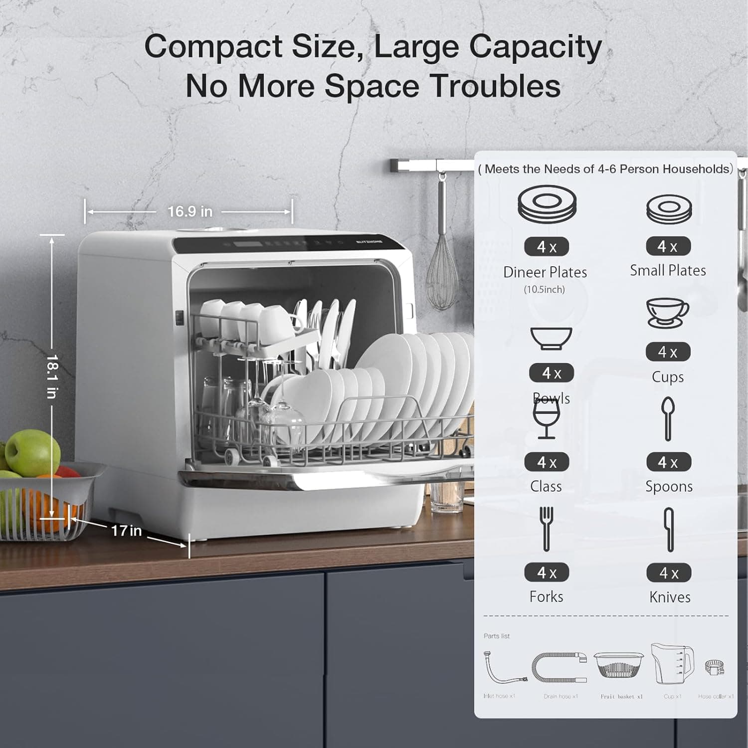 BLITZHOME Portable Dishwasher Countertop, WIFI Smart Dishwasher, Compact Dishwashers with 5L Built-in Water Tank, 6 Programs, 360° Dual Spray, High-Temp& Air-Dry Function, Fruit Cleaning - Image 7