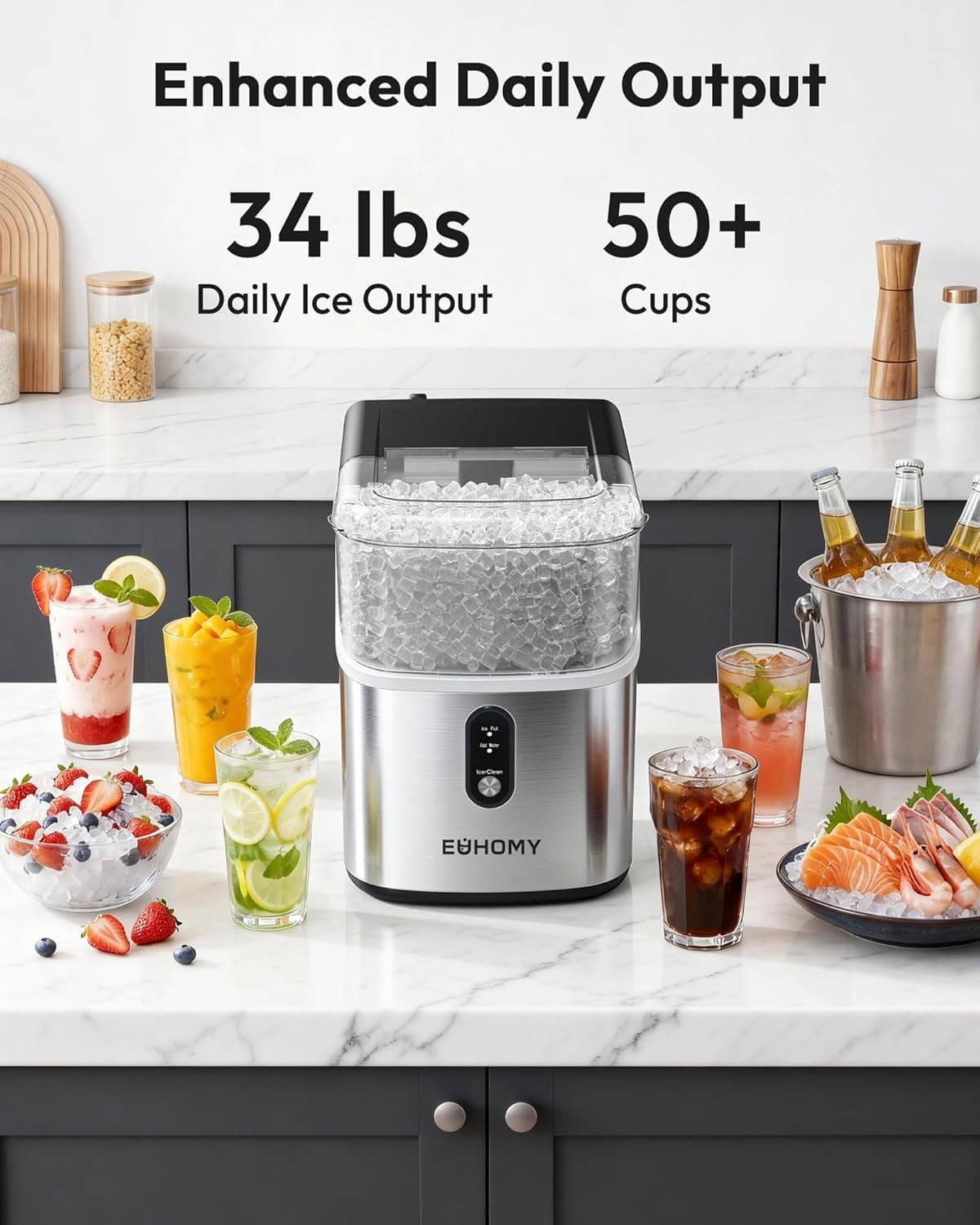 EUHOMY Nugget Ice Maker Countertop, Ready in 7 Mins, 34Lbs/24H Pebble Ice Maker Machine, Self-Cleaning Countertop Sonic Ice Makers with Ice Scoop&Basket, Pellet Ice Maker for Home, Stainless Steel Stainless Steel 34LBS/Day - Image 3