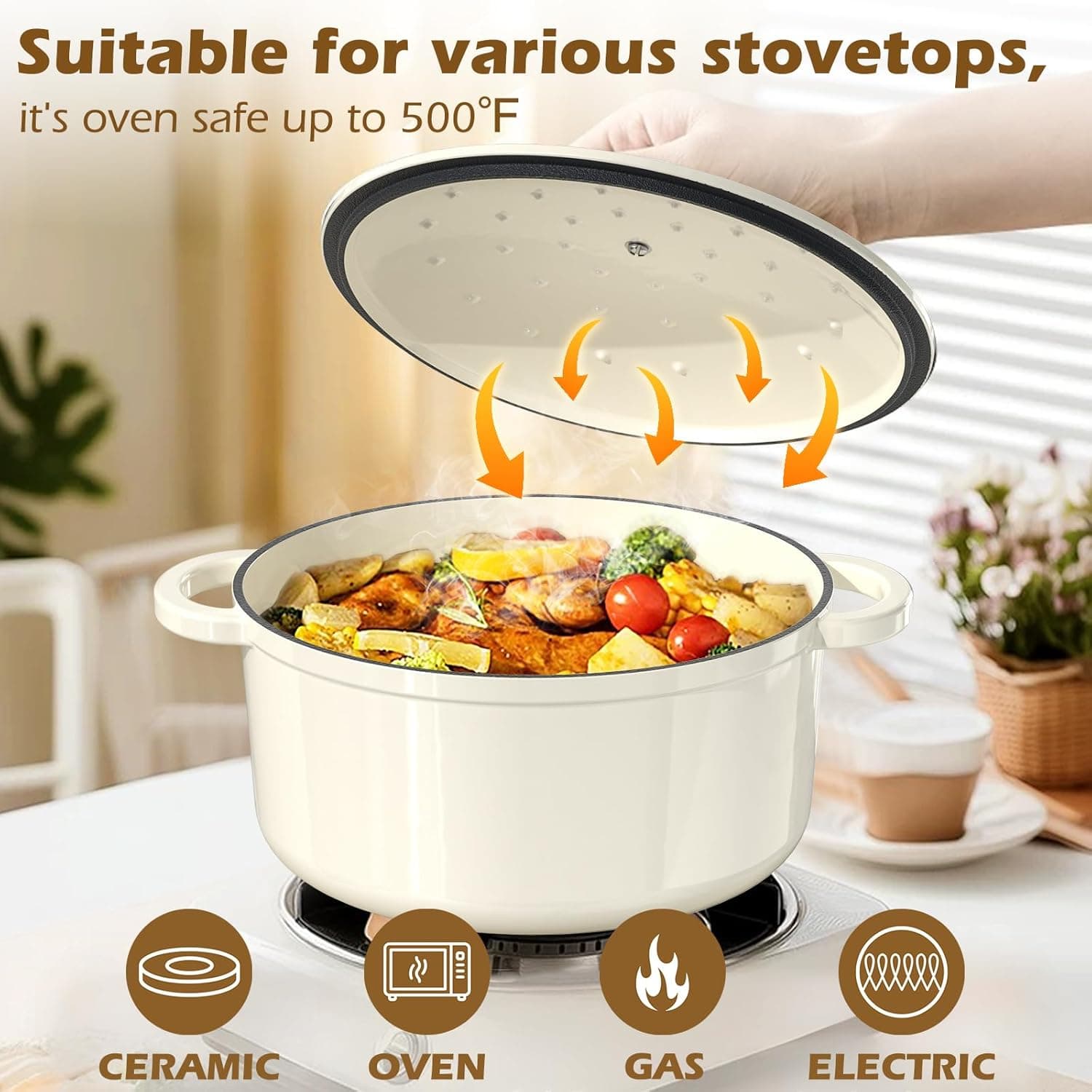 Enameled Cast Iron Dutch Oven - Umite Chef 5QT Pot with Lid & Cotton Potholders - Heavy-Duty Cookware for Bread Baking, Braising, Stews, Roasting(Cream White) - Image 8