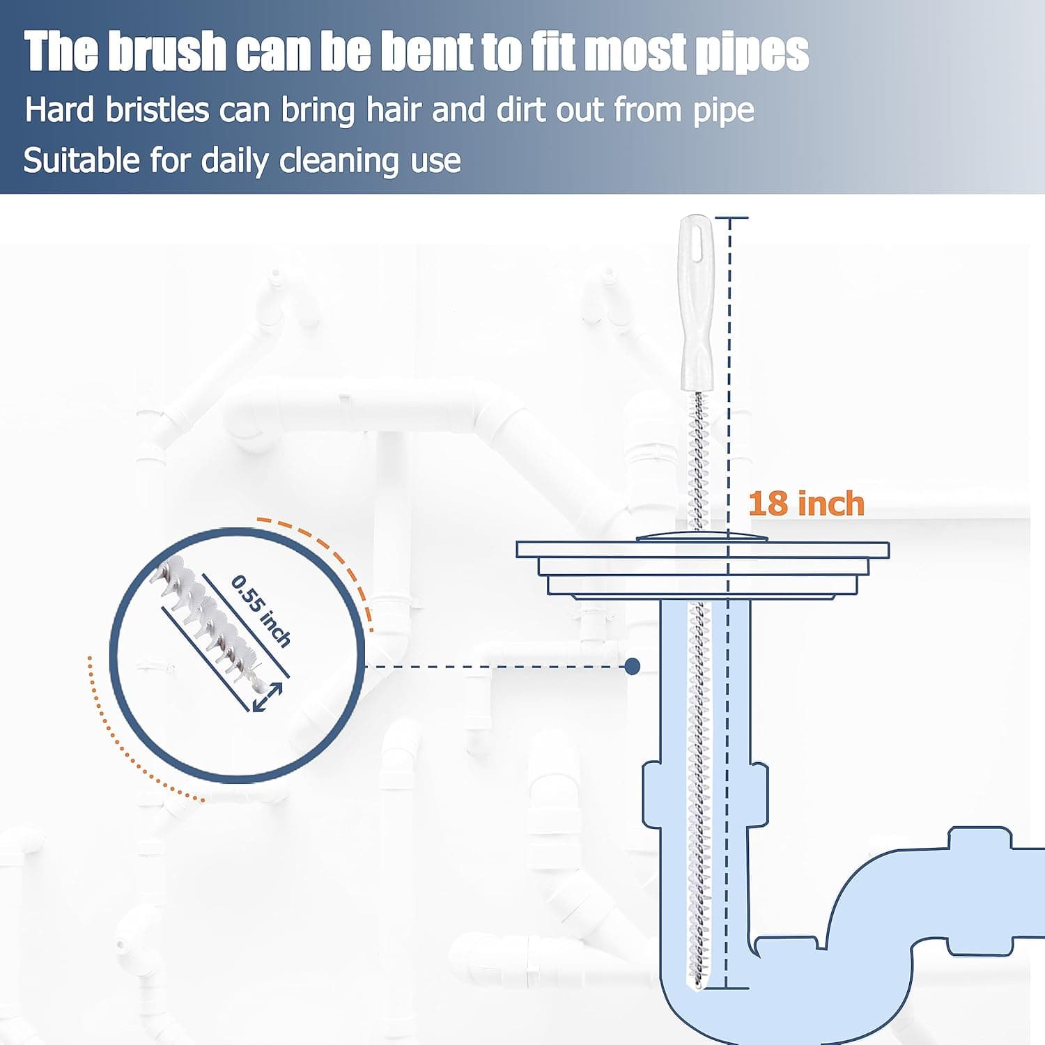 Removedor de obstrucciones de desagüe de 35.5 pulgadas (1 pieza), serpiente de desagüe de 25 pulgadas para eliminar cabello (6 piezas) y cepillo de limpieza (2 piezas), juego de herramientas limpiadoras de desagüe para inodoro, fregadero de cocina, bañera de baño, alcantarilla, 9 piezas - Image 4