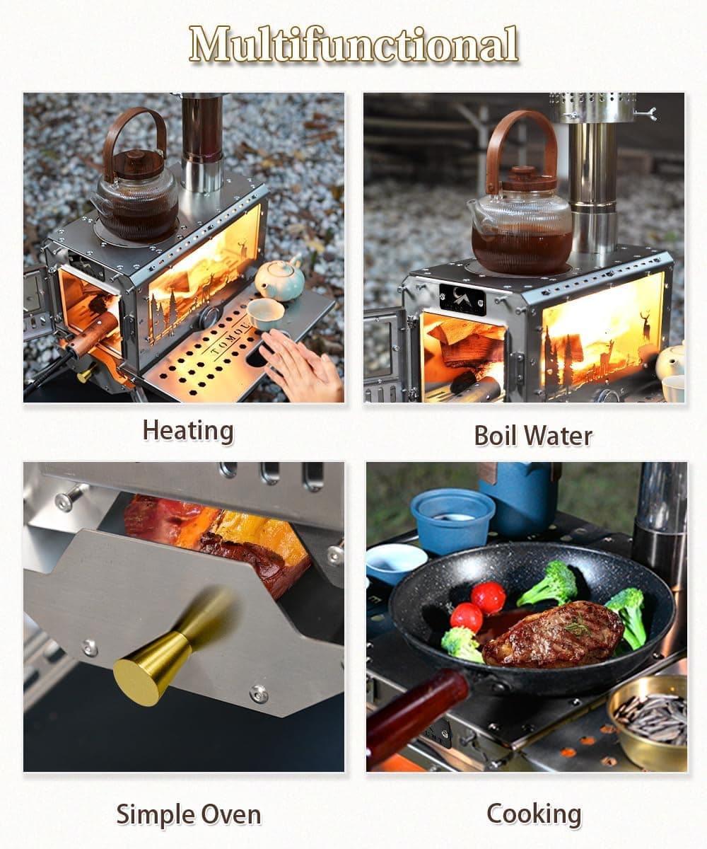 TOMOUNT Hot Tent Stove,Wood Stove with 7 Chimney Pipes,304 Stainless Camping Tent Stove with Spark Damper, Wood Burning Stove for Cooking and Heating，with heat-resistant Glass Window stainless steel color - Image 4