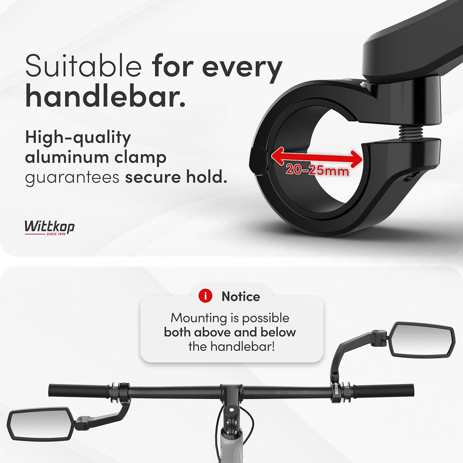 WITTKOP Bike mirror | Large HD field of vision | 360° rotatable & foldable | Mounting above & below | Break-proof & durable | ebike accessories, bike mirror handlebar mount, bicycle mirrors Left - Image 7