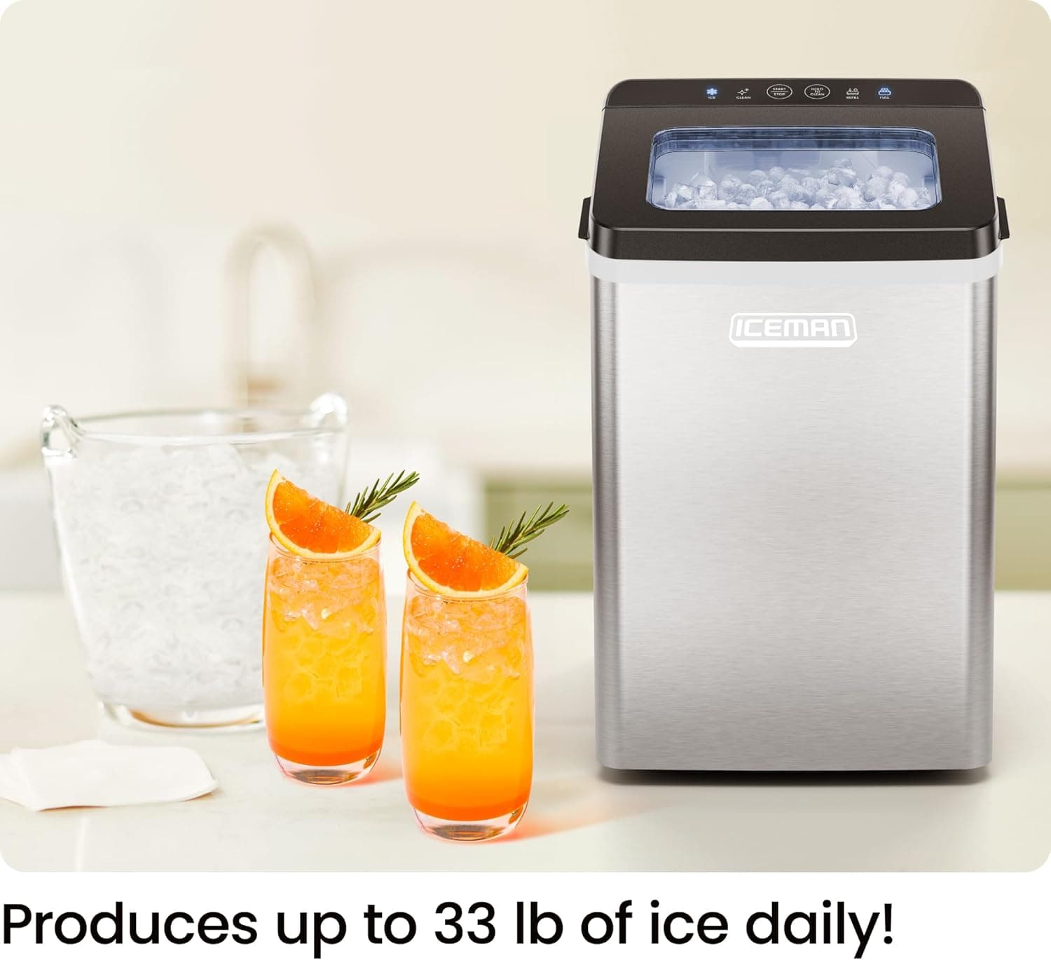 Iceman Pebble Ice Machine, Countertop Nugget Ice Maker Produces Chewable Pellet Ice in 20 Minutes, Makes 33lbs/Day, with One-Touch Cleaning Function and Ice Scoop/Basket Included – Stainless Steel Nugget/Pebble Ice Maker - Image 3