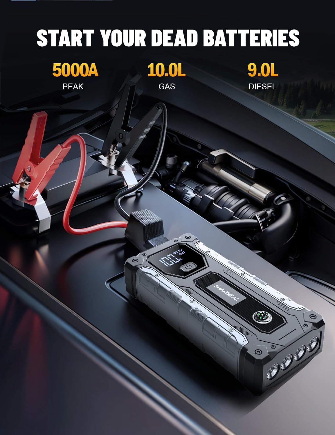 Sharmeal Arrancador de Coche 5000A, Paquete de Batería para Arranque de 10.0L Gas y 9.0L Diésel, Caja de Arranque Portátil de 12V con Luz LED - Image 2