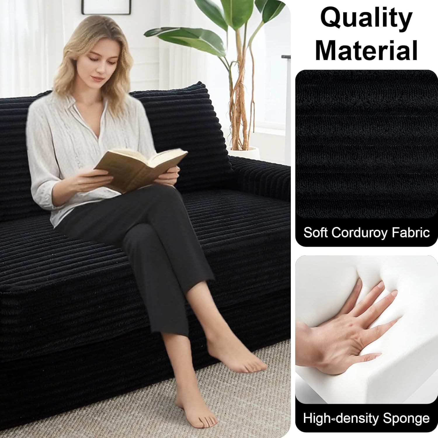 GNIXUU 71" Corduroy Cloud Loveseat Sofa, 2 in 1 Convertible Black Boneless Sleeper Sofa with Fixed-Shape Frame, Comfy Folding Love Seat Couches for Living Room, Apartment, Small Spaces - Image 7