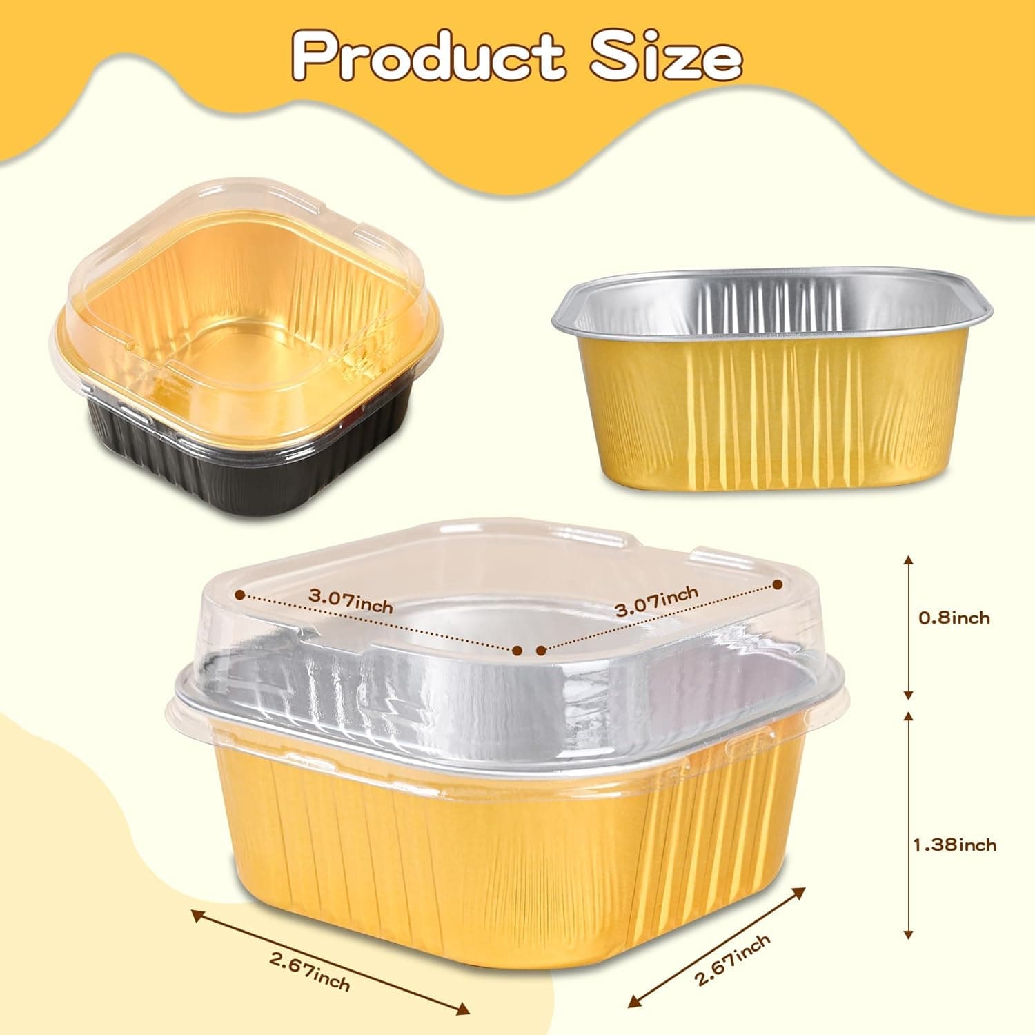 40 Pack Mini Cake Pans with Lids, 5oz Square Aluminum Foil Brownie Baking Cups, Muffin Tin Ramekins, Disposable Dessert Cupcake Cups for Wedding Birthday Party, Gold - Image 3