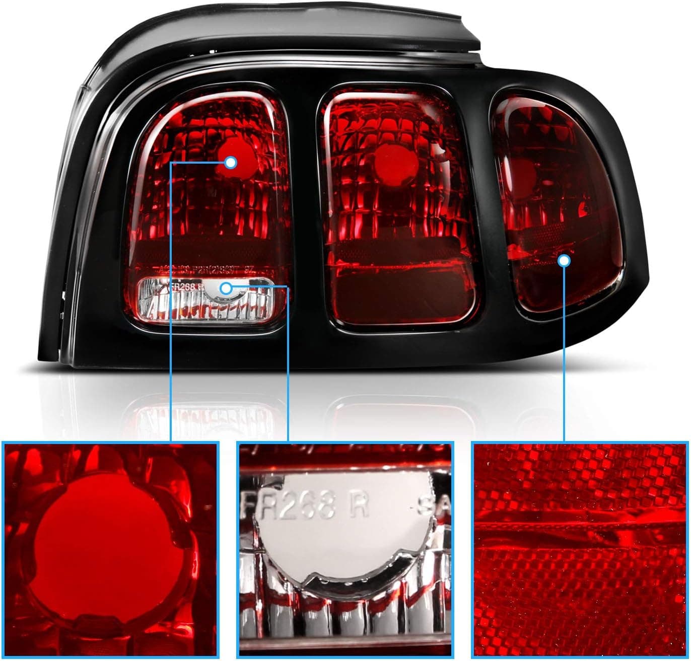 AmeriLite for 1994-1998 Ford Mustang Black Housing Dark Red OE Style Replacement Brake Tail Lights Set - Passenger and Driver Side Smoke+Black - Image 4