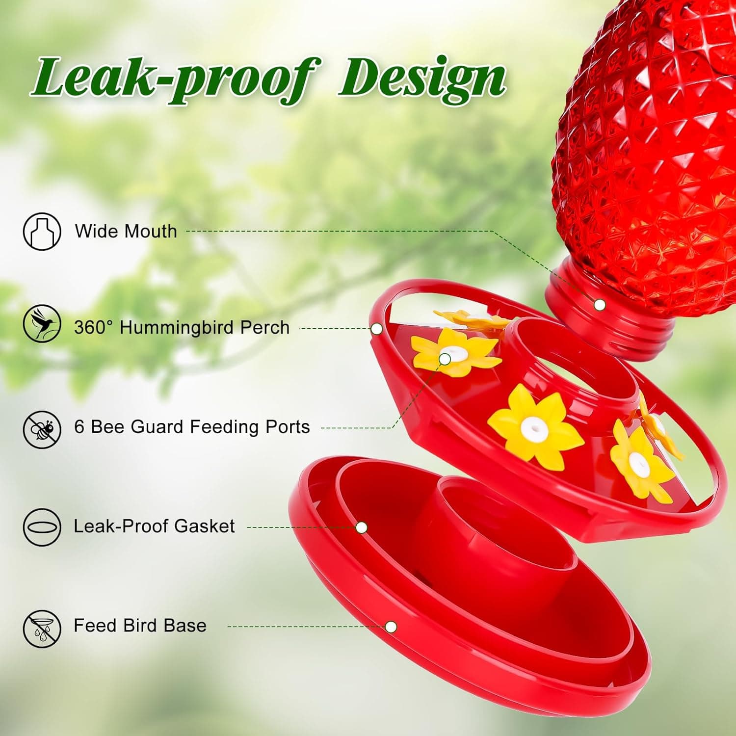 Glass Hummingbird Feeders for Outdoors Hanging Ant and Bee Proof 16OZ 2 Pack Red Pineapple Humming Bird Feeder with 6 Feeding Ports and Ant Moat Hummingbird Gifts for Women Garden Decor 2 Red - Image 2