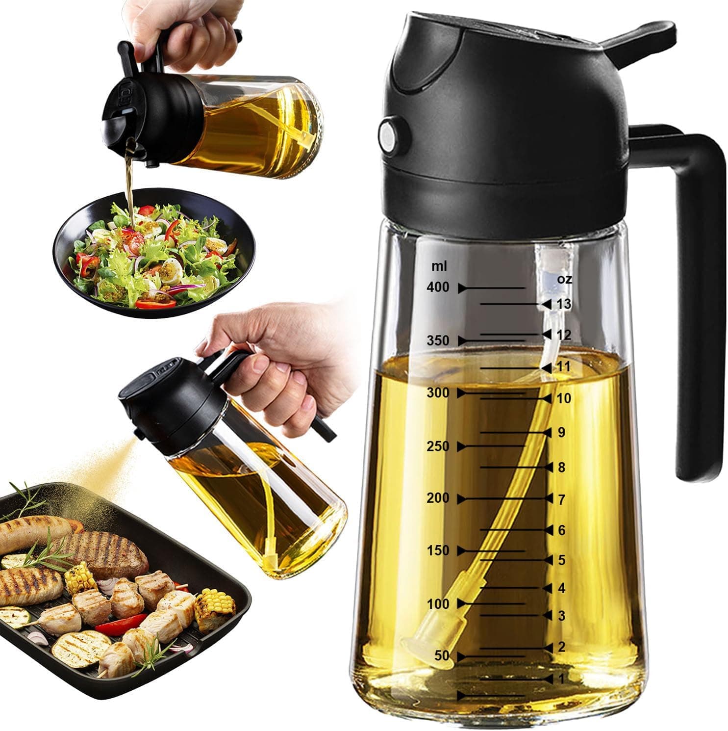 TrendPlain 16oz/470ml Glass Olive Oil Sprayer for Cooking – 2 in 1 Olive Oil Dispenser Bottle for Kitchen Gadgets and Air Fryer Accessories, Salad, BBQ - Black - Image 2