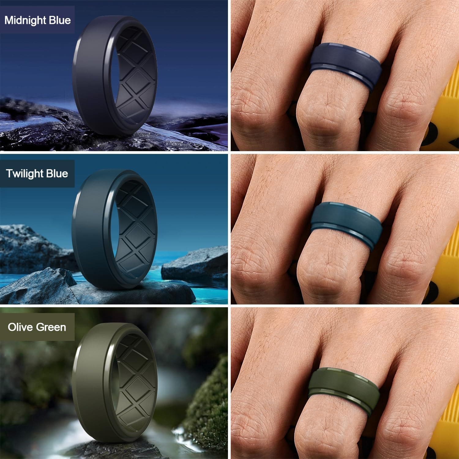 Egnaro Men's Silicone Rings 10mm Wide 2.5mm Thick Rubber Wedding Bands, Multipack 1/4/7 Breathable Comfort Fit For Workout SETA1-Black, Black Gray, Sliver, Midnight Blue, Twilight Blue, Olive Green, Dark Brown 9.5-10 - Image 5