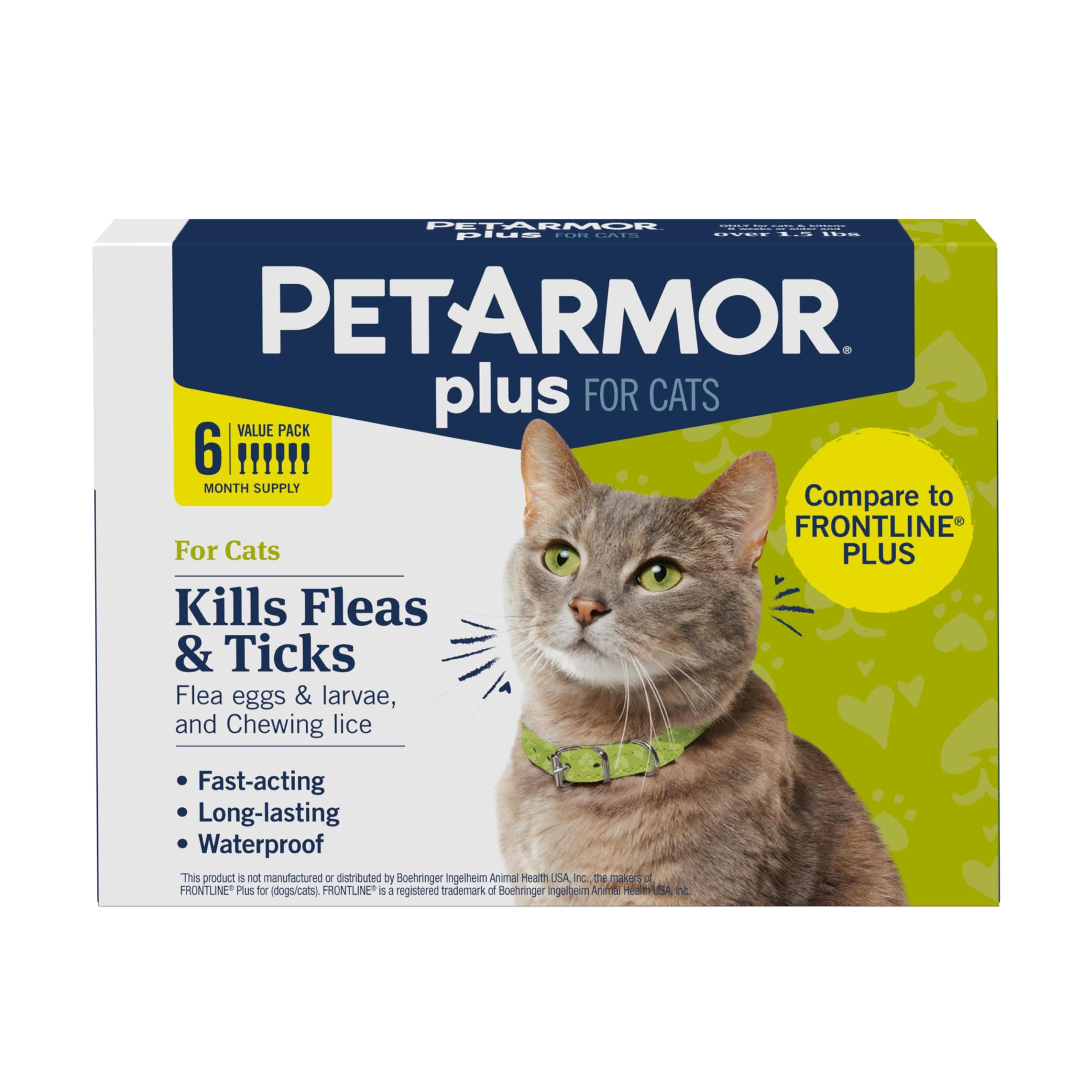 PetArmor Plus Prevención de Pulgas y Garrapatas para Gatos de más de 1.5 lbs, Tratamiento para Pulgas y Garrapatas en Gatos, 6 Dosis, Tópico Impermeable, de Acción Rápida para Gatos de más de 1.5 lbs 6 Contenido