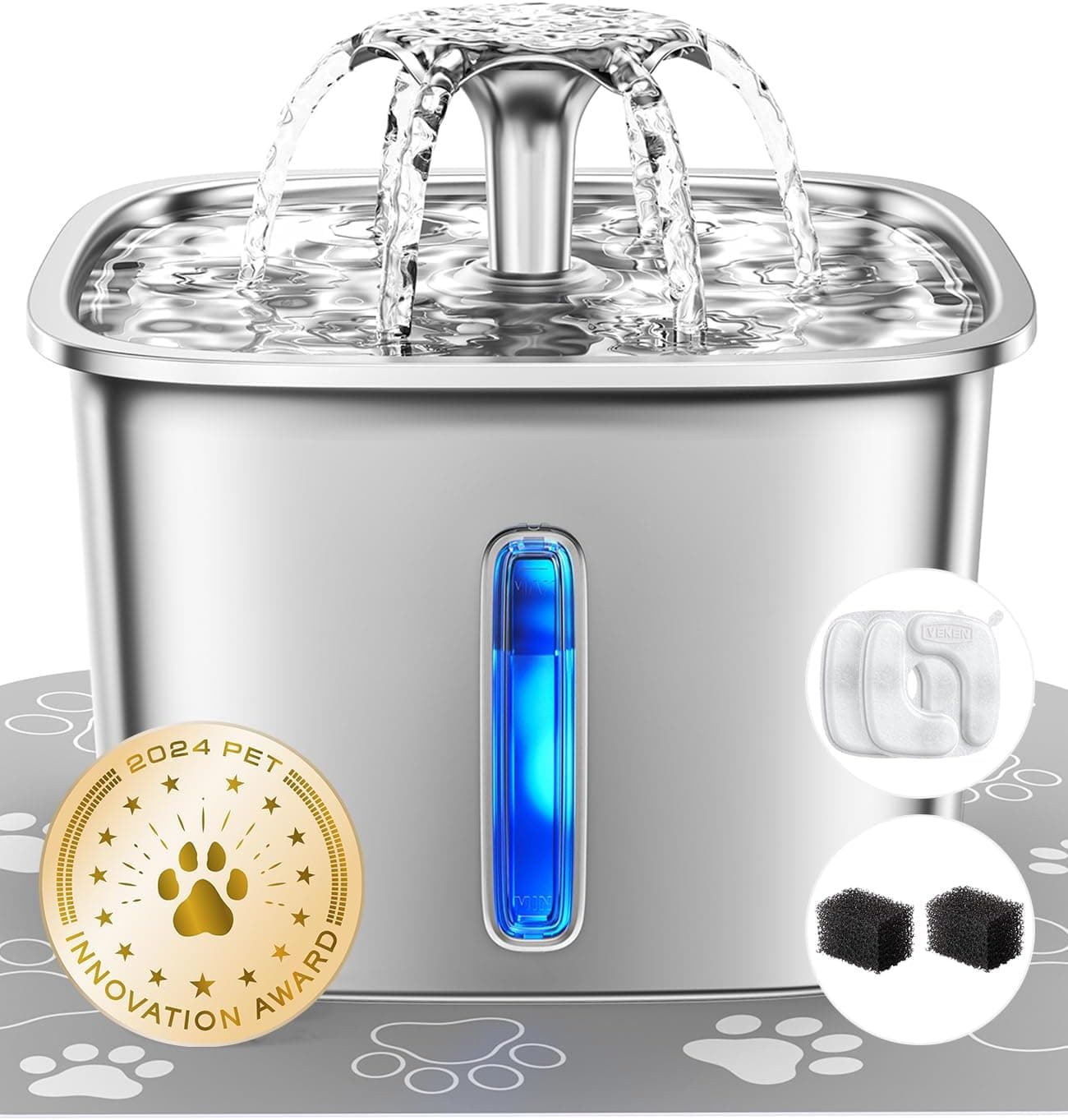 Veken Innovation Award Winner Stainless Steel Cat Water Fountain, 95oz/2.8L Automatic Pet Fountain Dog Water Dispenser with Replacement Filters & Silicone Mat, Gifts for Christmas, Cats, Dogs (Silver) Silver 95oz+2 Filters+2 Sponges - Image 2