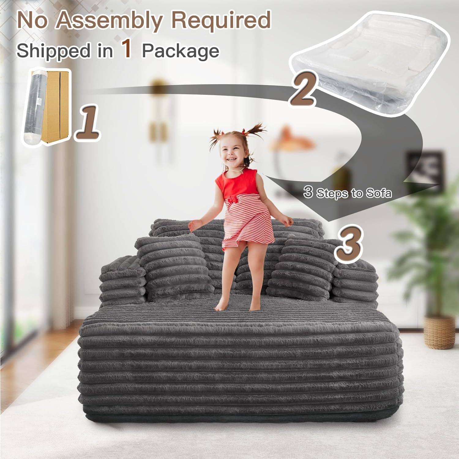 56"W Oversized Chaise Lounge Chair Indoor,Plush Faux Fur Sleeper Sofa Couch Bed with Pillows&Wide Armrest,Fluffy Comfy Cloud Sofa,Compression Foam Boneless Couch for Living Room,Bedroom(Grey) - Image 9