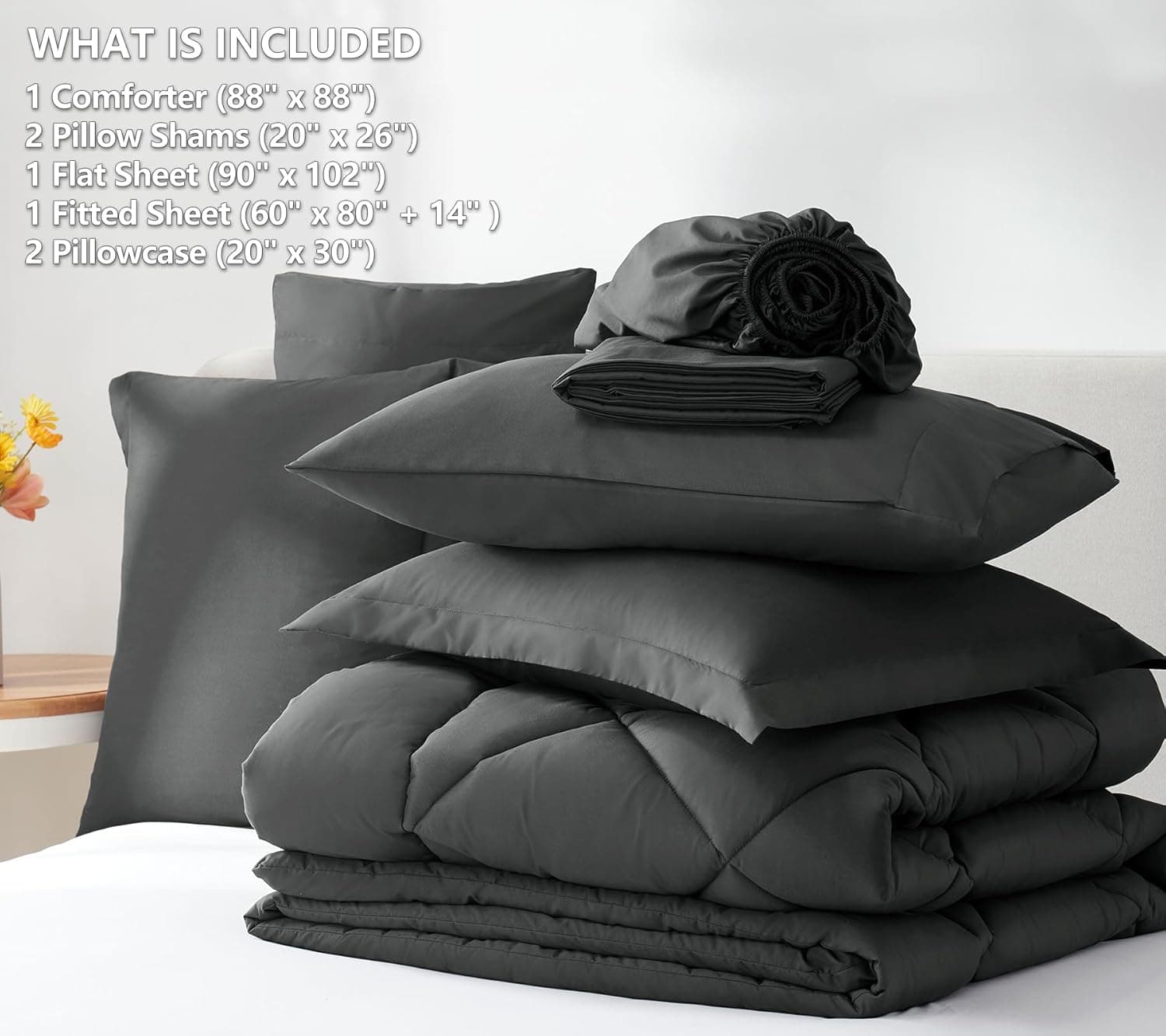 CozyLux Queen Comforter Set Dark Grey - Bed in a Bag Queen Size 7 Pieces, Luxury Soft Bed Set for All Seasons, Bedding Set with Comforter, Sheets, Pillowcases & Shams, Dark Gray, Queen Dark Grey Queen - Image 7