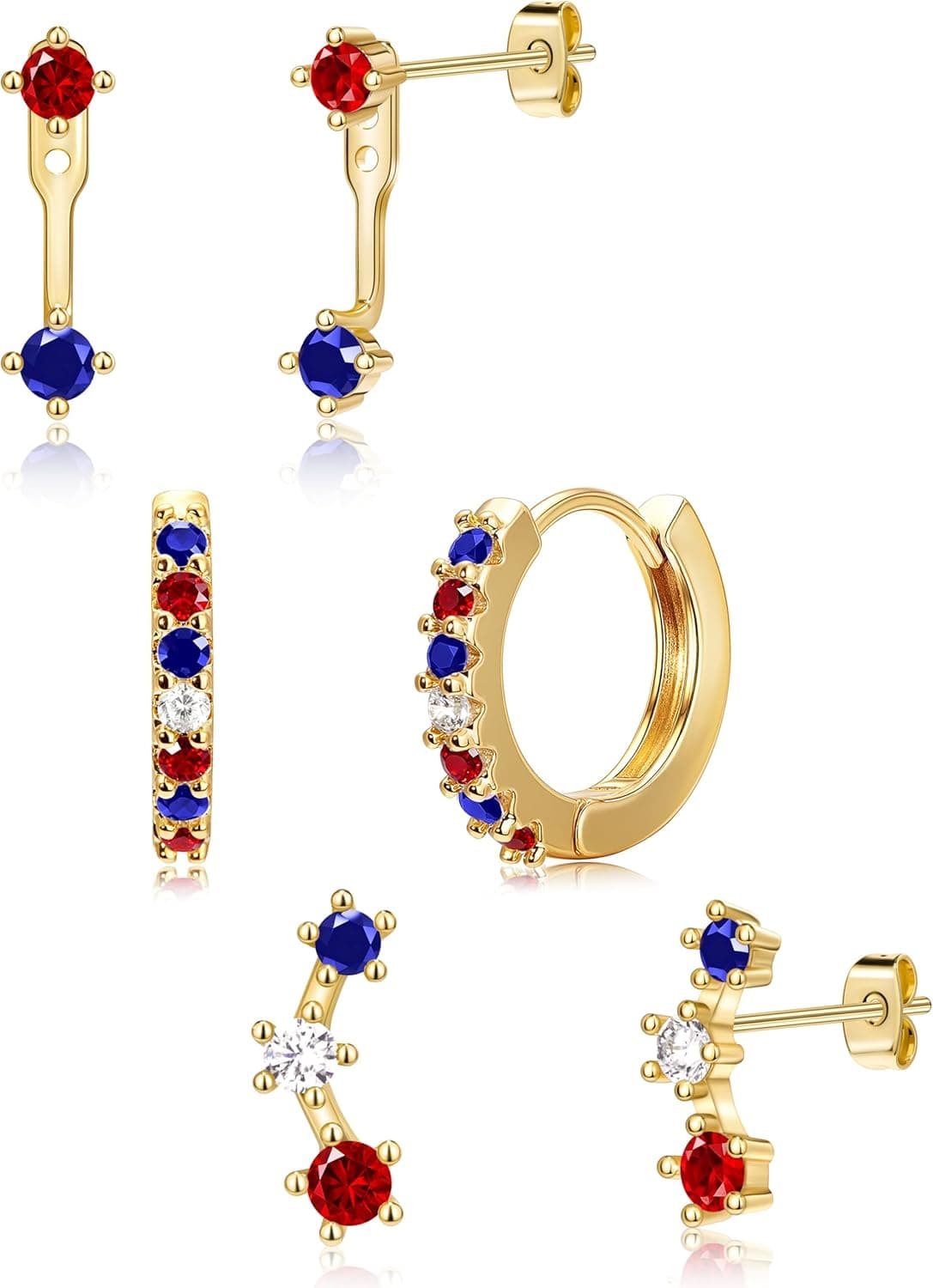 Gold Plated Stud Huggie Earrings Stack for Women Trendy, 3 Pairs Small Cute Hoop Jacket Cartilage Earring Set, Fashion Accessories Holiday Western Jewelry Christmas Gifts Gold-Tone 4th of July earrings(Gold Red White Blue) - Image 2