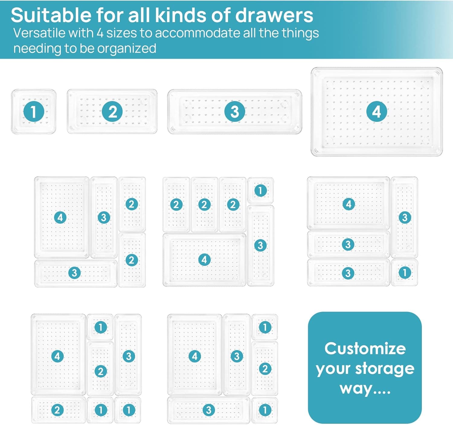 Vtopmart 25 PCS Clear Plastic Drawer Organizers Set, 4-Size Versatile Bathroom and Vanity Drawer Organizer Trays, Storage Bins for Makeup, Bedroom, Kitchen Gadgets Utensils and Office - Image 8