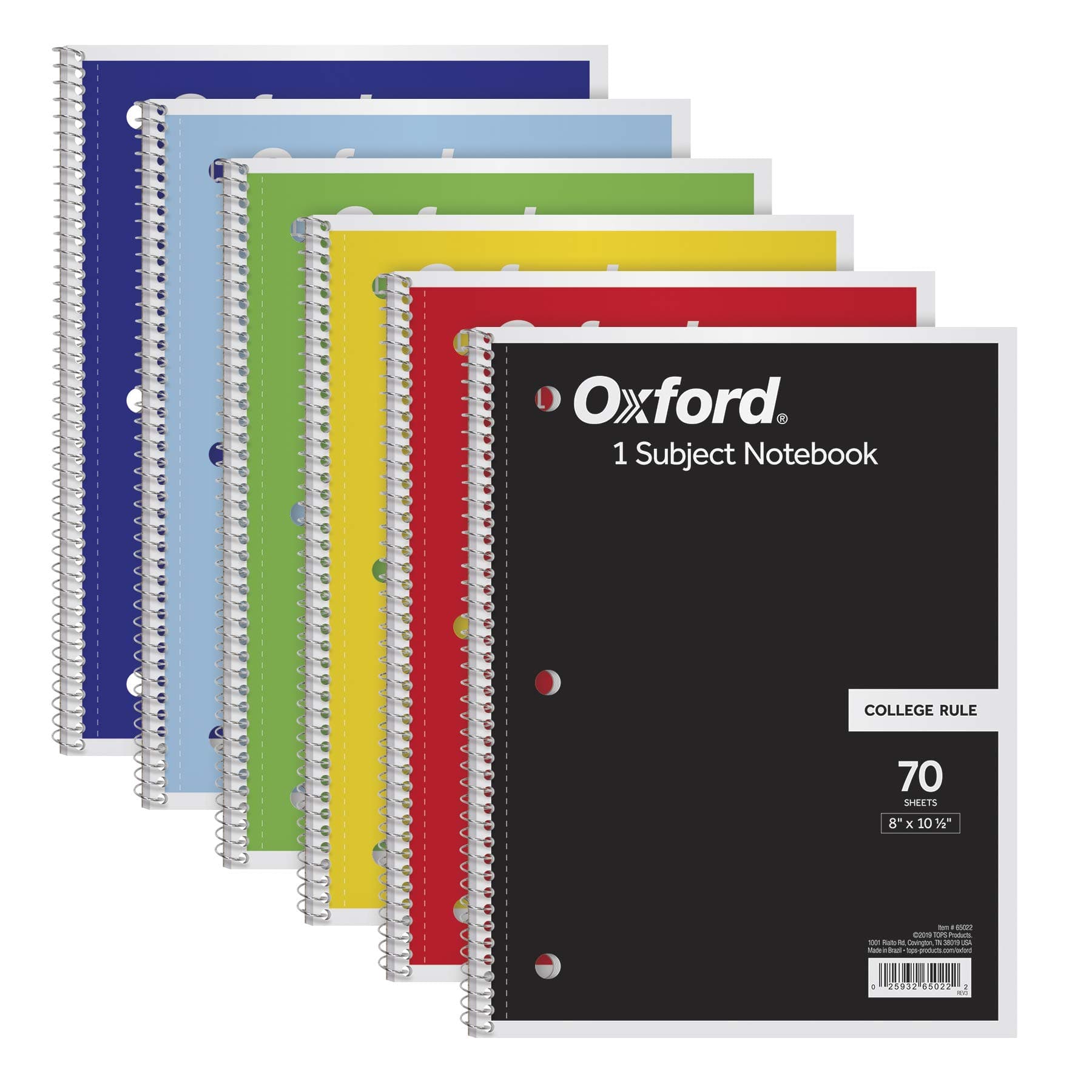 Oxford Spiral Notebook 6 Pack, 1 Subject, College Ruled Paper, 8 x 10-1/2 Inch, Color Assortment Design May Vary (65007) College Rule - 6 Pack Notebook