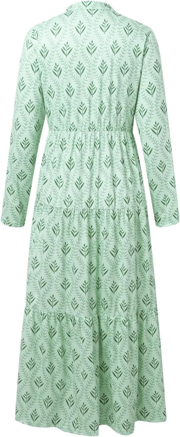 Boho Maxi Dress for Women 2025 Trendy Long Sleeve Floral Dress Tiered Flowy Dress Loose Spring Long Dresses Green Medium - Image 5