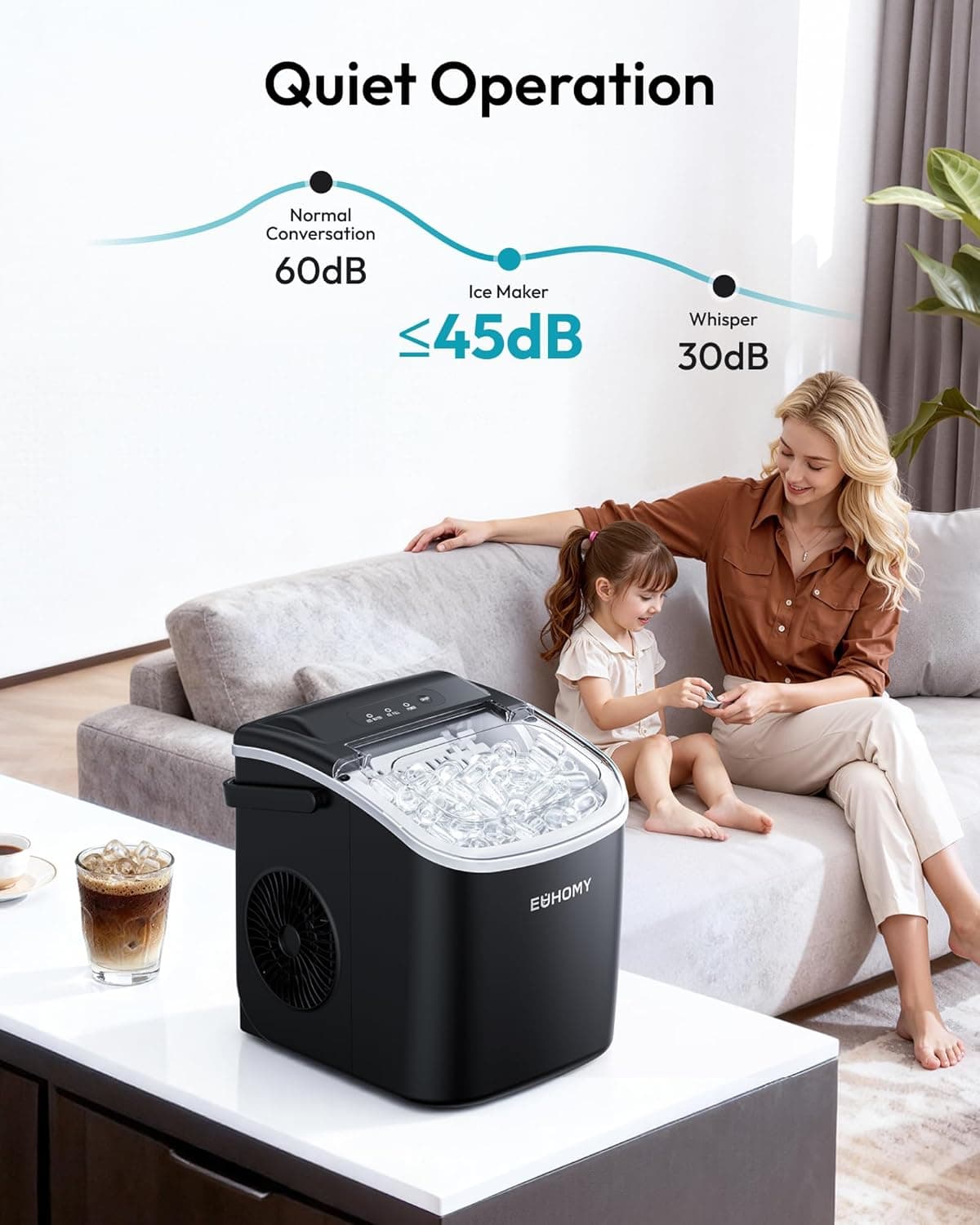 EUHOMY Countertop Ice Maker Machine with Handle, 26lbs in 24Hrs, 9 Ice Cubes Ready in 6 Mins, Auto-Cleaning Portable Ice Maker with Basket and Scoop, for Home/Kitchen/Camping/RV. (Black) Black 26lbs - Image 8