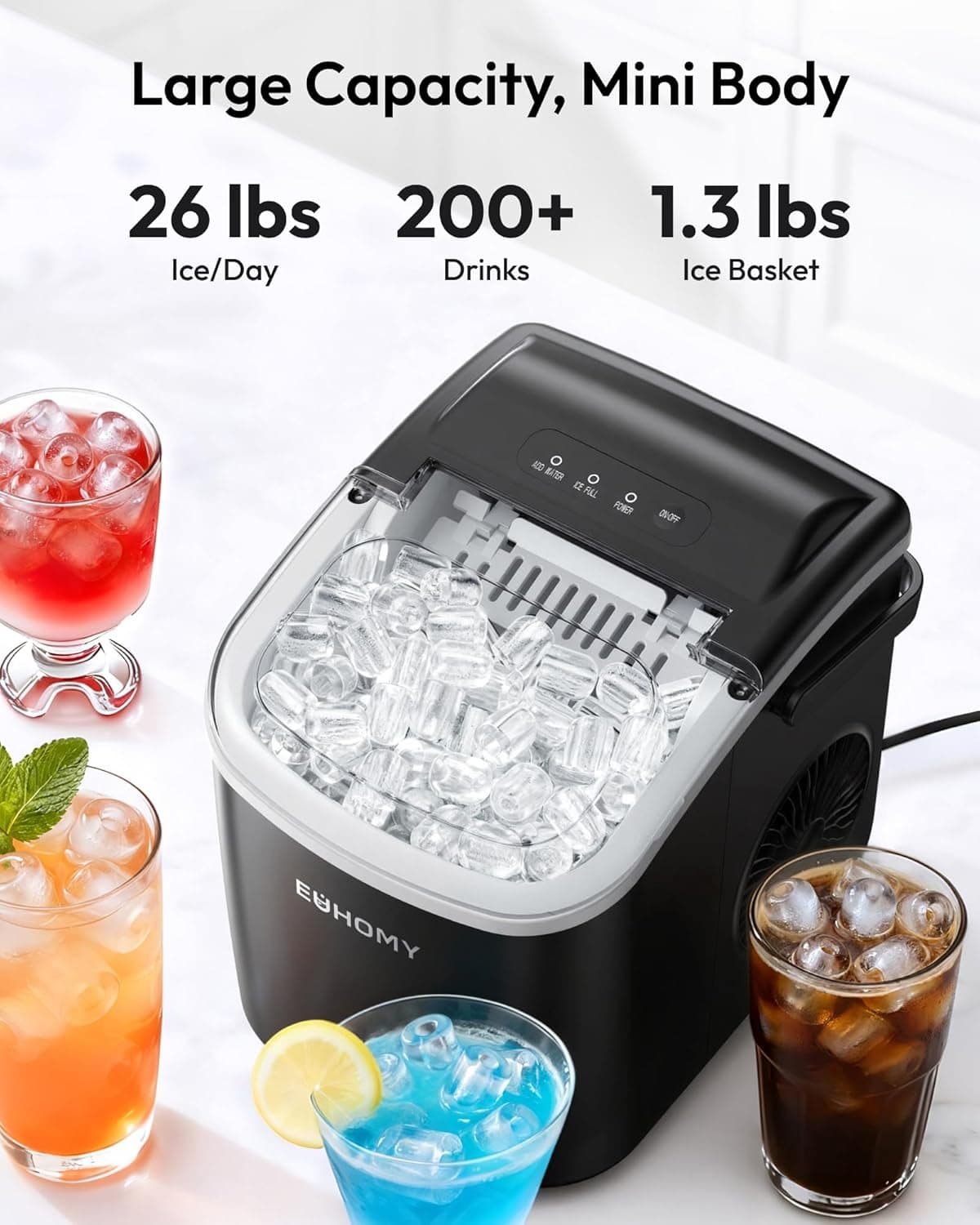 EUHOMY Countertop Ice Maker Machine with Handle, 26lbs in 24Hrs, 9 Ice Cubes Ready in 6 Mins, Auto-Cleaning Portable Ice Maker with Basket and Scoop, for Home/Kitchen/Camping/RV. (Black) Black 26lbs - Image 3