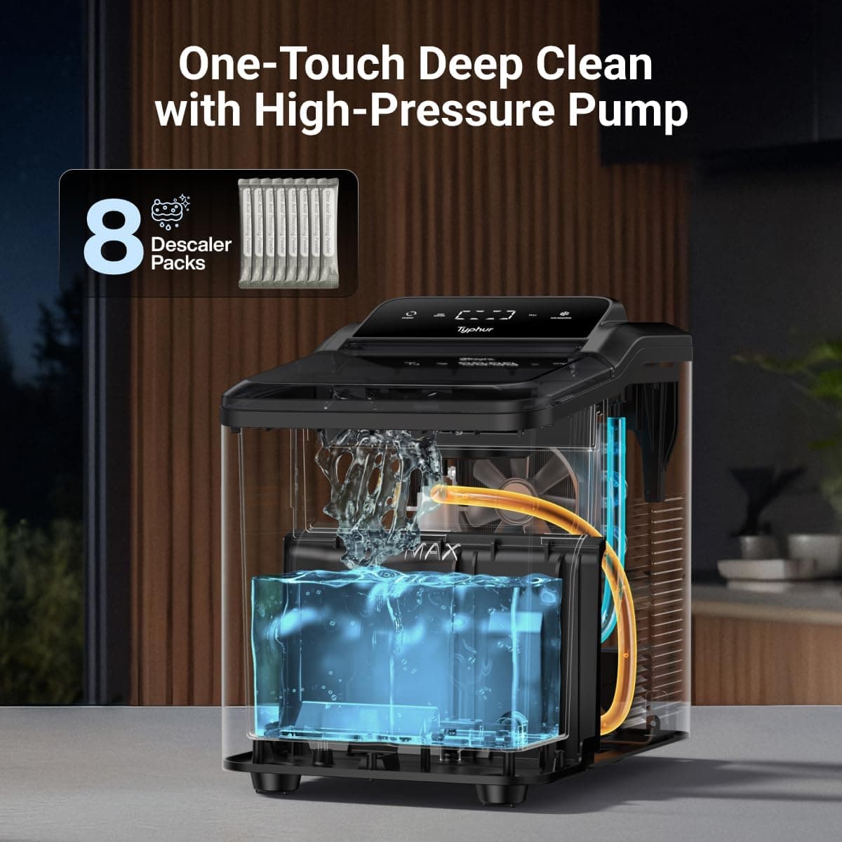 Typhur Fast Nugget Ice Maker Countertop with Self-Cleaning Pump, 35lbs/24H Crushed Pebble Ice Machine with Pellet Ice, 8 Packs Cleaner, Dual Ice Scoops for Home, Kitchen, Party, RV, Stainless Steel Piano Black - Image 5