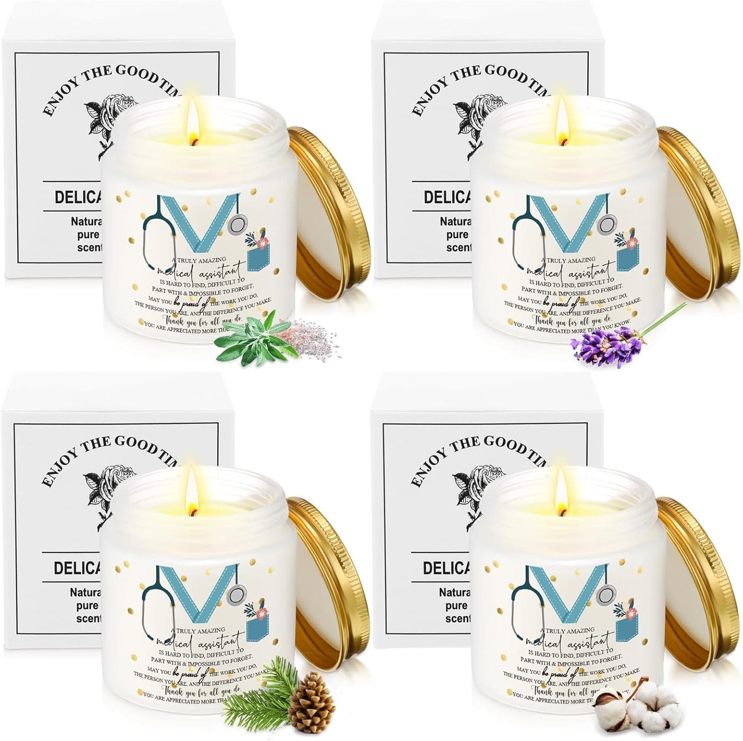 Nuanchu 4 Pcs Medical Assistant Gifts Soy Scented Candles Bulk Aromatherapy Jar 3.5 oz Soy Wax 4 Styles Scented Candles Presents for Women Nurse Week Thanksgiving Christmas Birthday Medical Assistants Gold 4 - Image 2