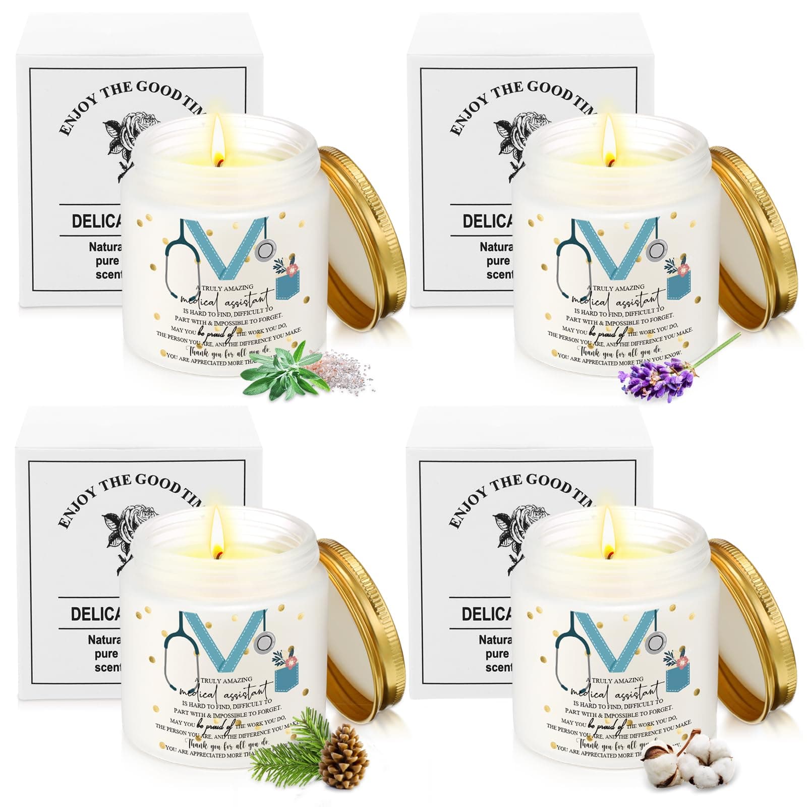 Nuanchu 4 Pcs Medical Assistant Gifts Soy Scented Candles Bulk Aromatherapy Jar 3.5 oz Soy Wax 4 Styles Scented Candles Presents for Women Nurse Week Thanksgiving Christmas Birthday Medical Assistants Gold 4