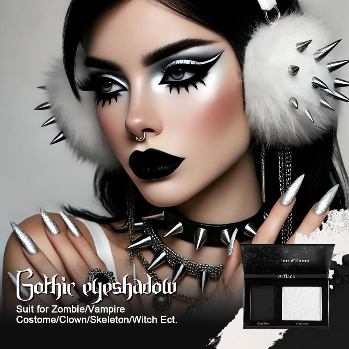 Black White Makeup Palette, White Pressed Setting Powder Goth Halloween Black Gothic Foundation & EyeShadow Kit, Matte Finish for Smokey Eyes, High-Pigment Face Paint Skeleton Cosplay & Costume Looks - Image 3