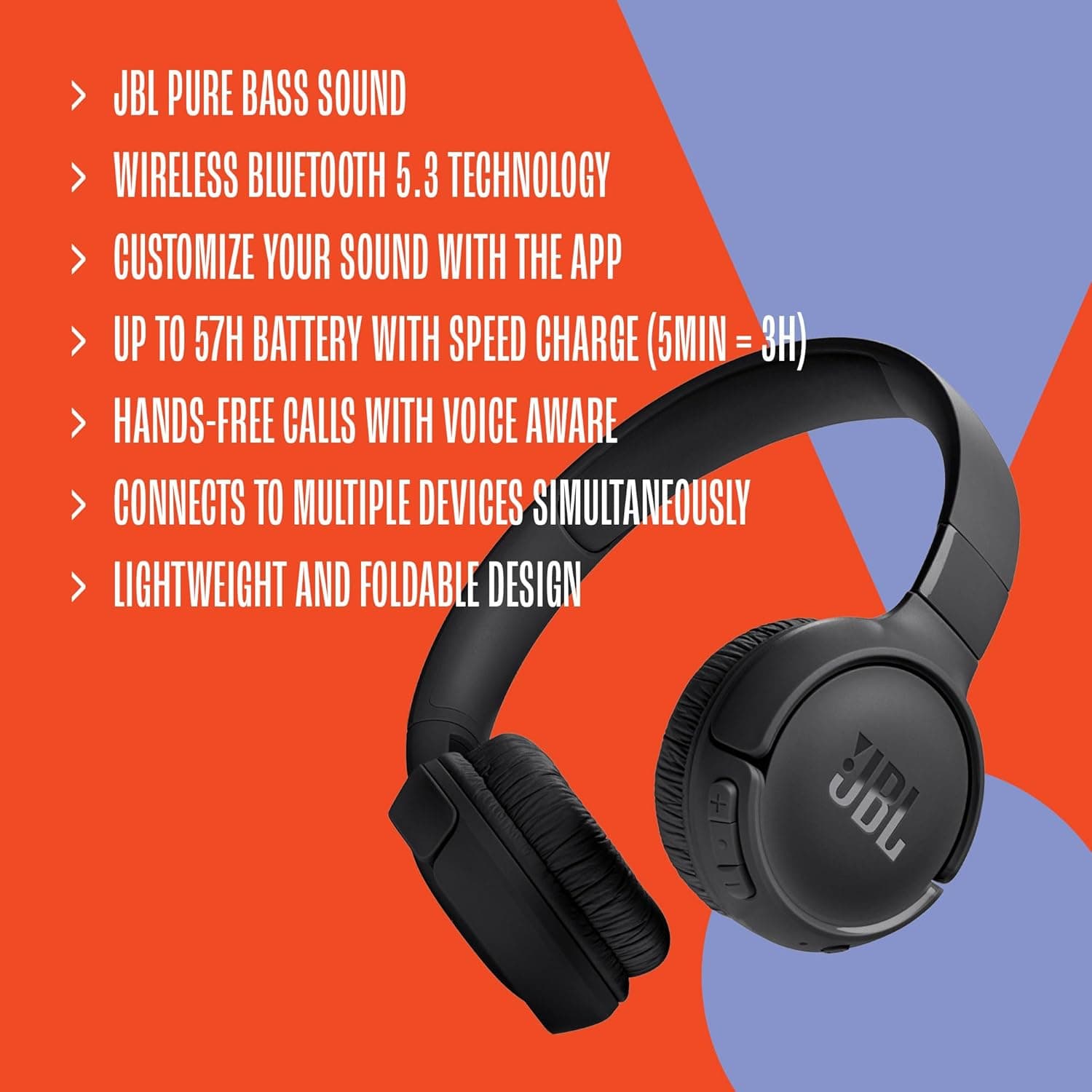 JBL Tune 520BT - Wireless On-Ear Headphones, Up to 57H Battery Life and Speed Charge, Lightweight, Comfortable and Foldable Design, Hands-Free Calls with Voice Aware (Black) - Image 8