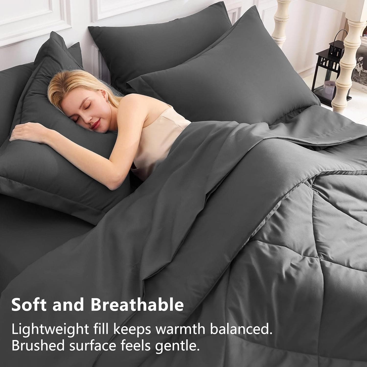 CozyLux Queen Comforter Set Dark Grey - Bed in a Bag Queen Size 7 Pieces, Luxury Soft Bed Set for All Seasons, Bedding Set with Comforter, Sheets, Pillowcases & Shams, Dark Gray, Queen Dark Grey Queen - Image 4