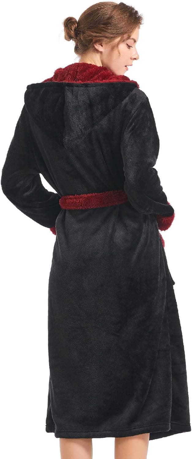 Inner Wish Women Hooded Plush Robe, Fleece Cozy Warm Bathrobe Small-Medium Black+burgundy - Image 4