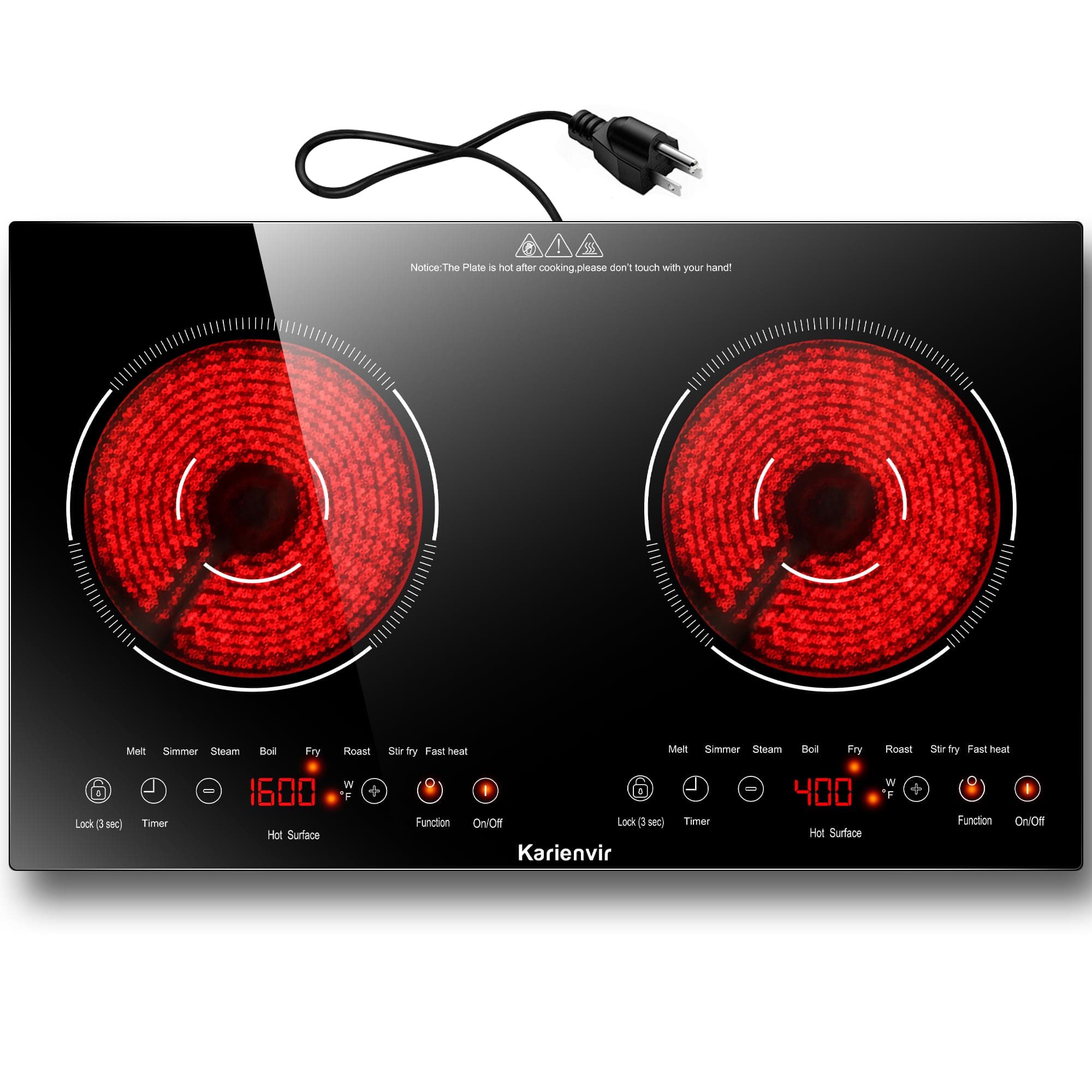 2 Burner Electric Cooktop 110v, 2000W Electric Stove Top Countertop & Built-in, Plug-in Electrics Cooktop 24 Inch, 8 Power Levels & 8 Functions, Touch Control, Safety Lock, Timer, Karienvir 24 inch black 2 burner