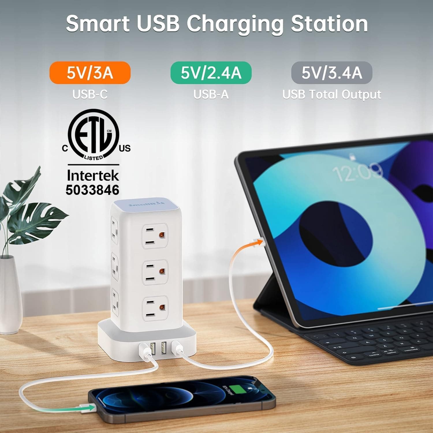 Power Strip with 12 Outlets 4 USB (1 USB C), 6.5Feet Extension Cord with Multiple Outlets, Charging Station - Image 3