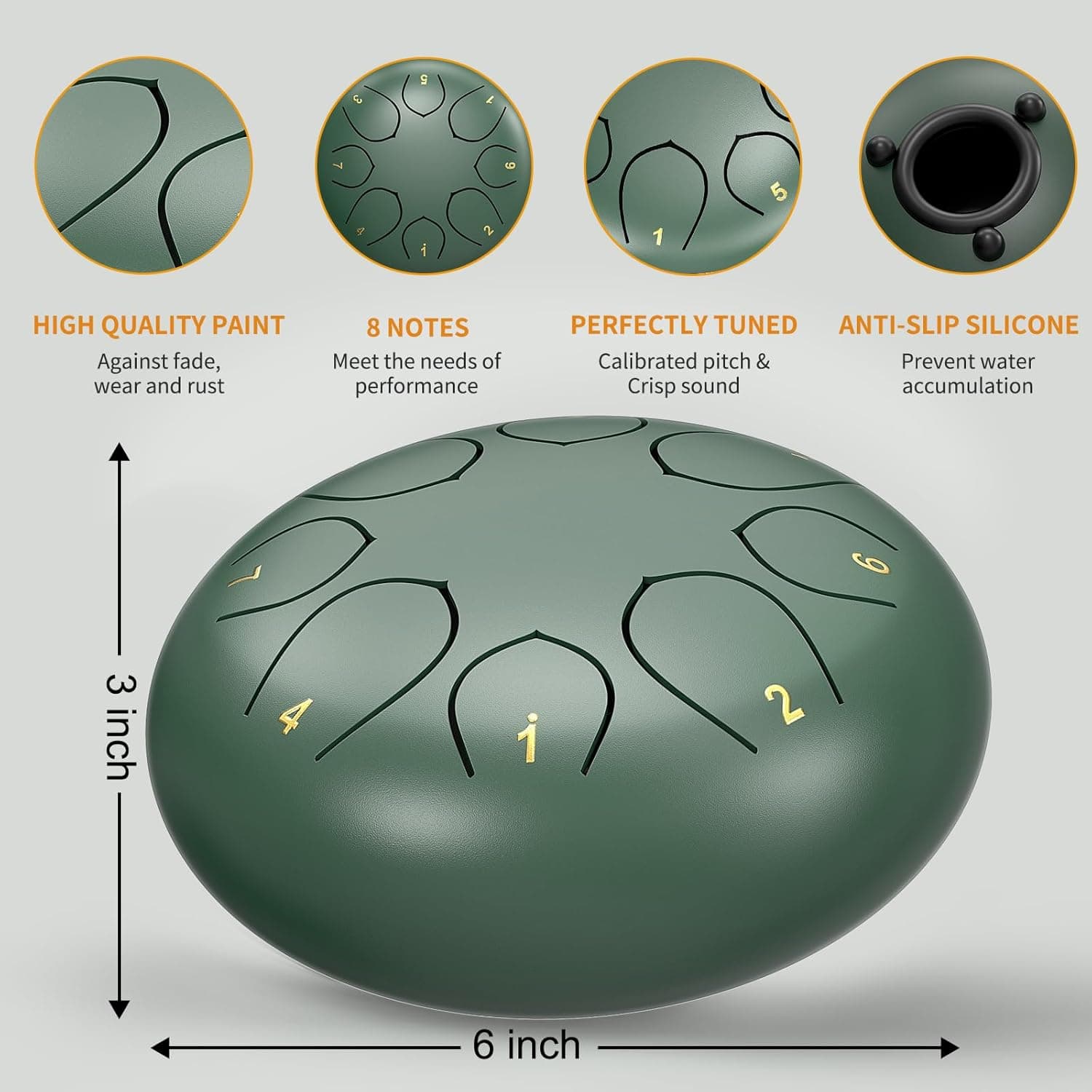 Rain Drum for Outside Garden, 6 Inches 8 Notes Steel Tongue Chakra Drums, Waterproof Meditation Rain Chime, Musical Instruments for Adult Gift with Bag, Music Book, Drum Mallets (Green) 6 Inches Green - Image 3