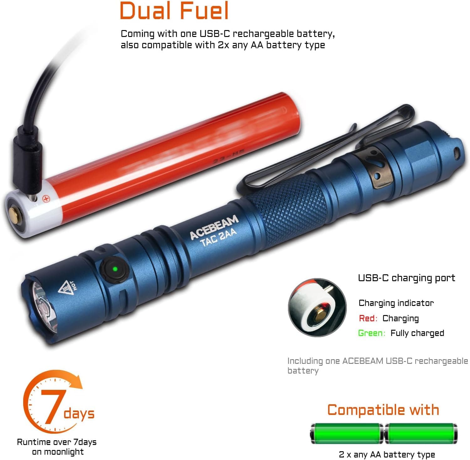 ACEBEAM TAC 2AA EDC Tactical Dual Modes Flashlight Rechargeable, 1400 High Lumens Flashlight, Dual Switch Pocket LED Flashlight, Super Bright Small Flash Light for Emergency, Camping, Home(SFT-25R HI) Blue 6500K-1400 Lumens 304 Meters - Image 6