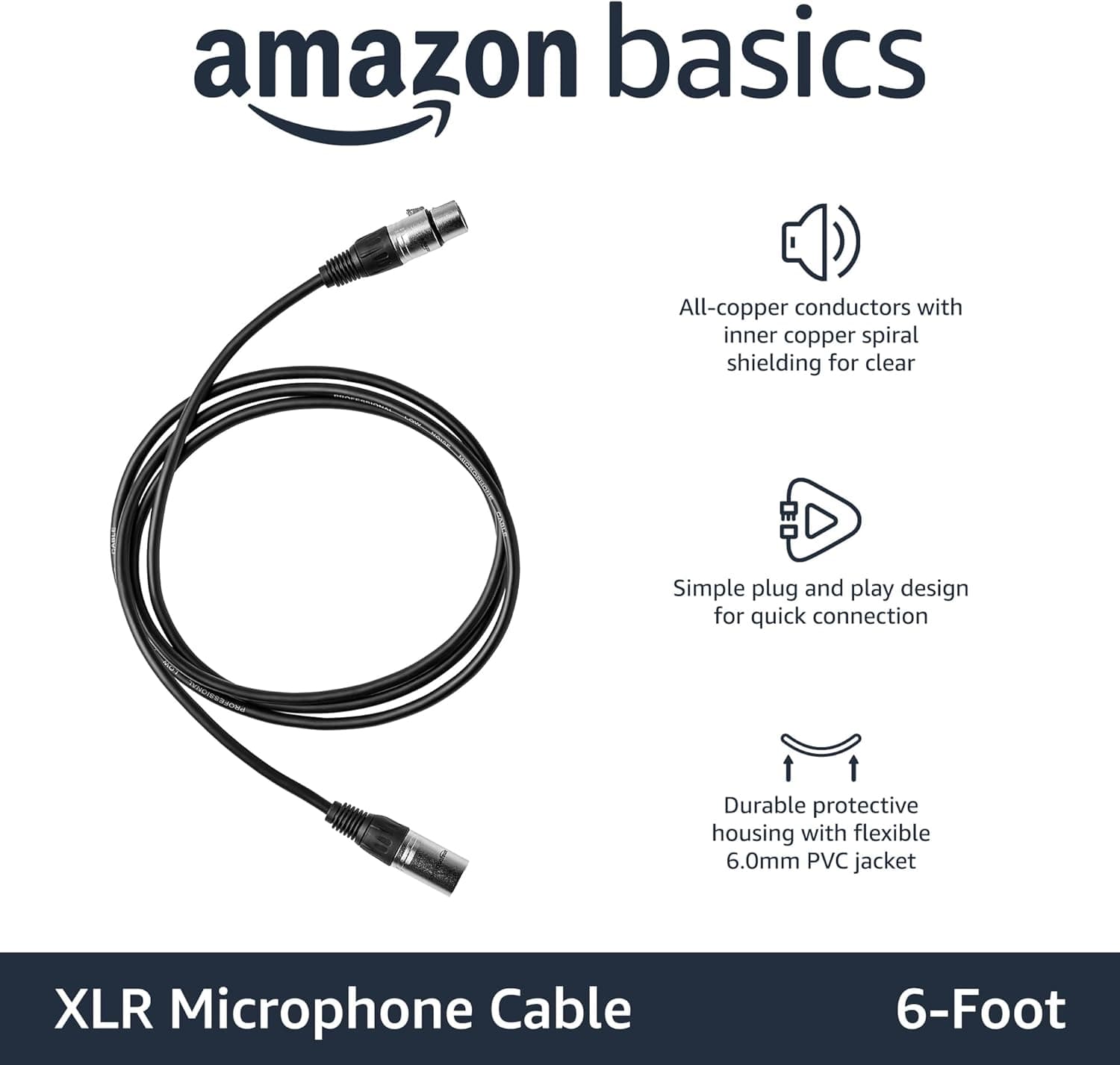 Amazon Basics XLR公头到母头麦克风线，适用于扬声器或PA系统，全铜导体，6MM PVC外套，6英尺，黑色 - Image 3