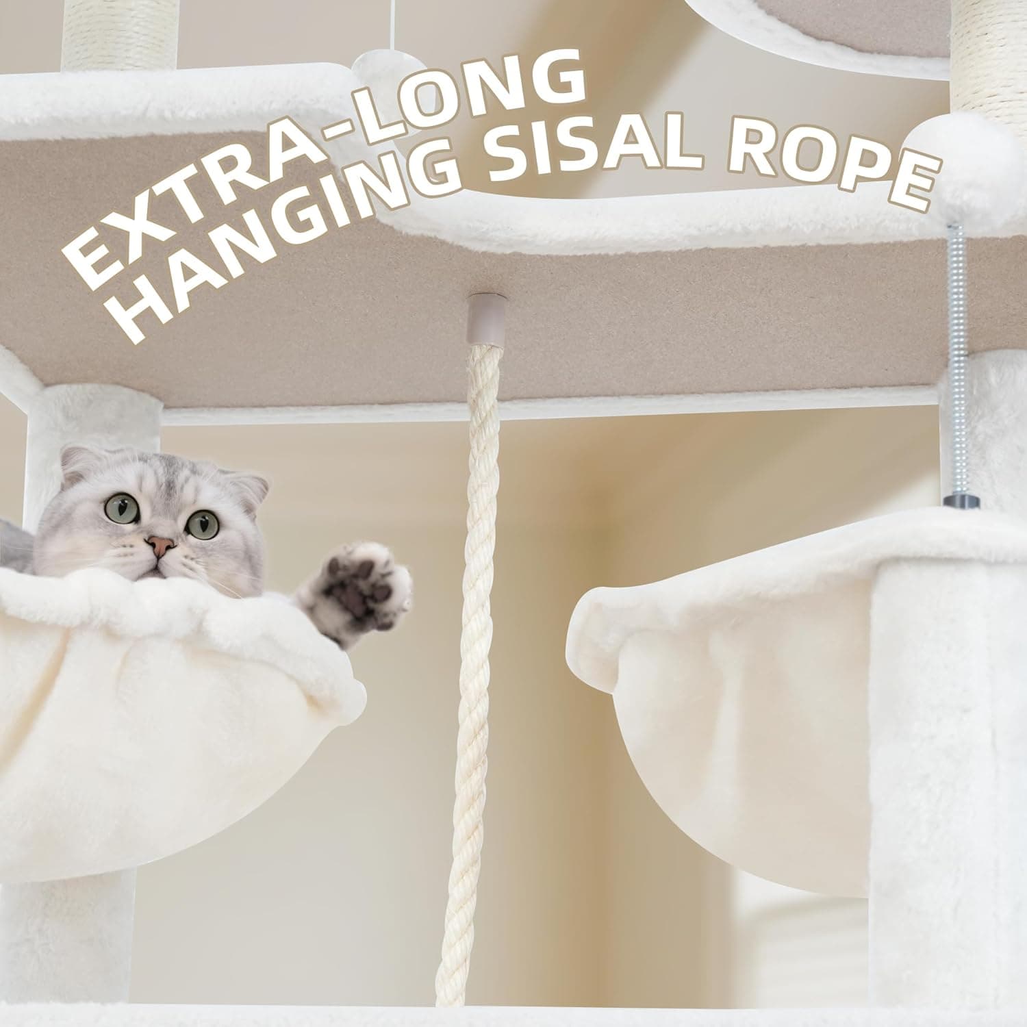 71in Multifunctional Multi-Level Cat Tree Tower for Indoor Cats,Cat Tree with Hammock,2 Condos,2 Hanging Baskets,2 Feather Toys,3 Perches,5 Hanging Balls,7 Scratching Posts,Beige 71" Beige - Image 7