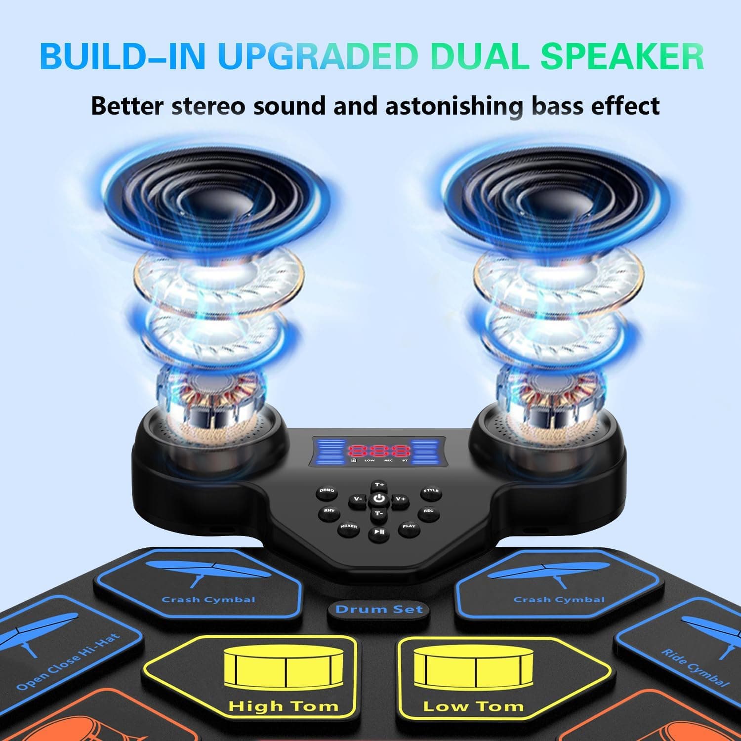 Electronic Drum Set - YUOIOYU Electric Drum Set Roll Up Portable Drum Kit MIDI Practice Drum Pad with Dual Built-in Speaker, Drum Sticks and Pedals, Christmas Birthday Gift for Kids Adult Colorful - Image 3