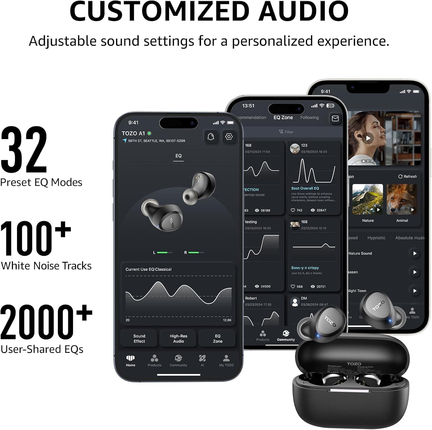 TOZO A1 Wireless Earbuds Bluetooth 5.3 Light Weight in Ear IPX5 Waterproof Headphones 2 Mic for AI Calls, Immersive Premium Sound Bass Headset with Charging Case, 32 Presets EQ Customization via App Black Small Classical Edition - Image 8