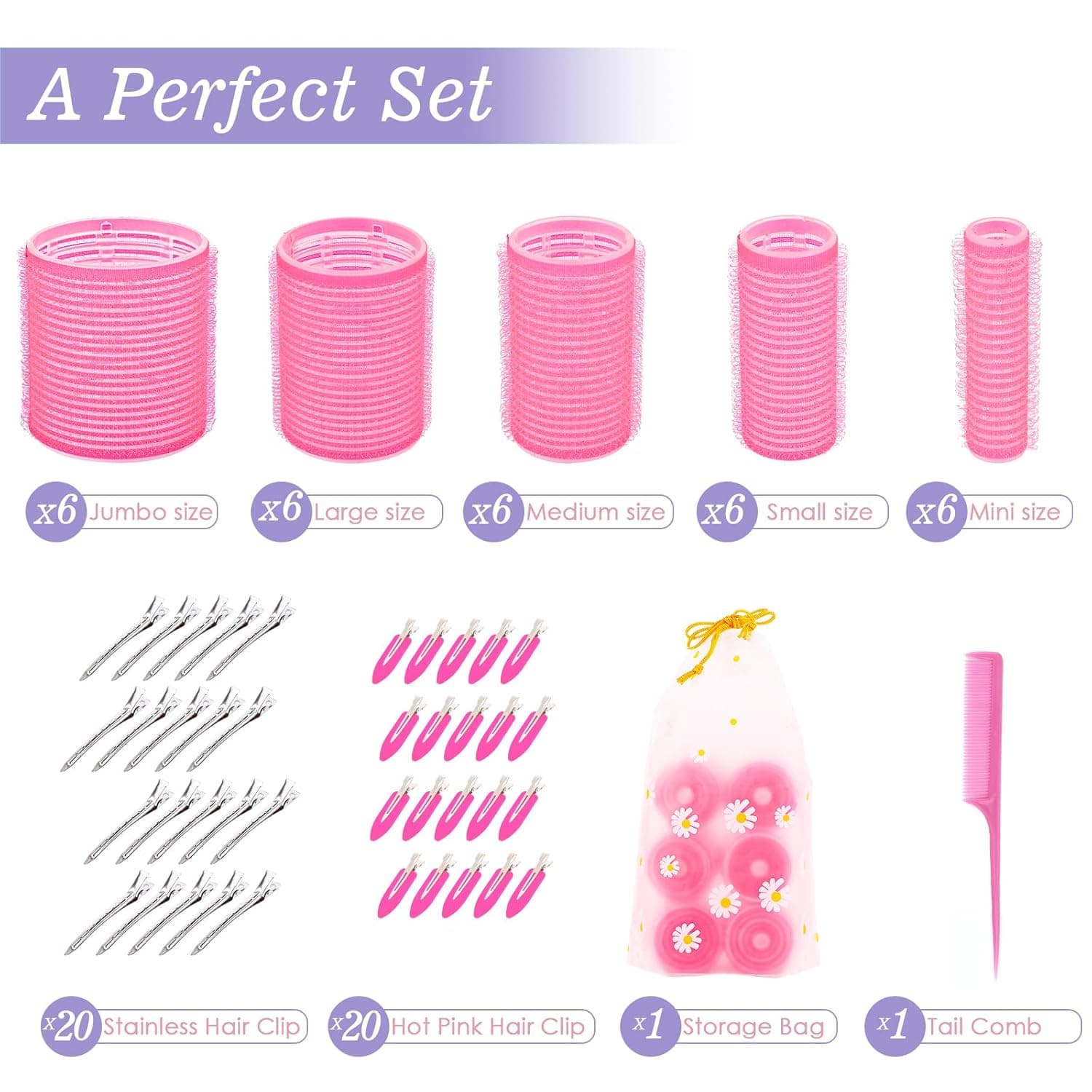 5 Size Hair Rollers, 72Pcs Roller Set, Hair Curlers for Blowout Look Long, Short Hair, Jumbo Large Big Small 30 Hair Rollers, 40 Roller Clips, Tail Comb, Storage Bag pink - Image 3