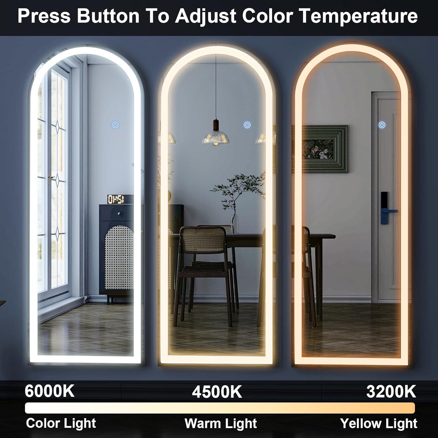 GLSLAND 20"x56" Arched LED Full Length Mirror with Lights – Wall Mounted or Standing Full Body Mirror for Bedroom/Cloakroom – Dimmable with 3 Color Lighting Modes Arched 56"L x 20"W - Image 5