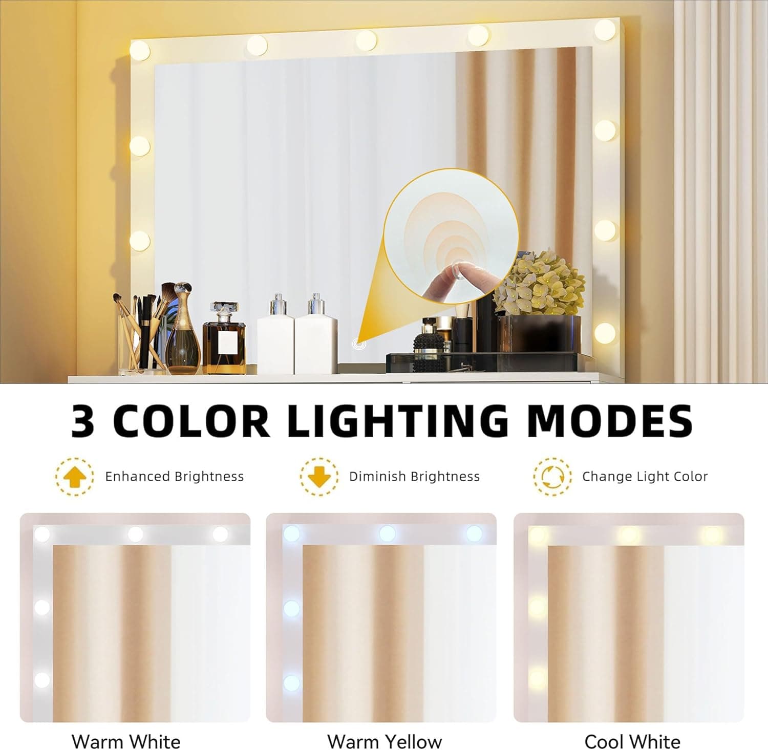 DWVO LED Makeup Vanity Table with 3 Light Modes, 4 Storage Drawers, Built-in Power Outlets & Hairdryer Holder, Dressing Table with Cushioned Stool Cool White Bulbs - Image 4