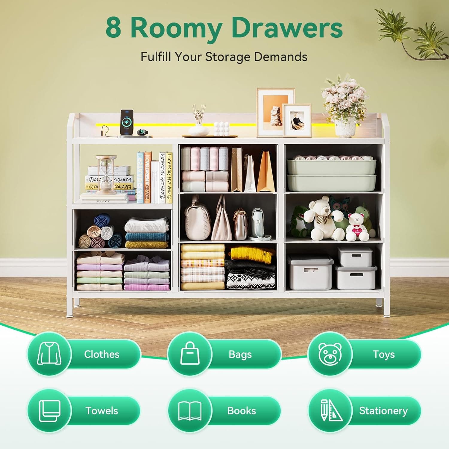 KKL White Dresser for Bedroom with Light Strip & Power Outlet — 8 Drawers Dressers & Chest of Drawers with Shelf, Wood Top, Metal Frame, Wide Dressers for Girls Bedroom, Living Room, Hallway, Closet - Image 5