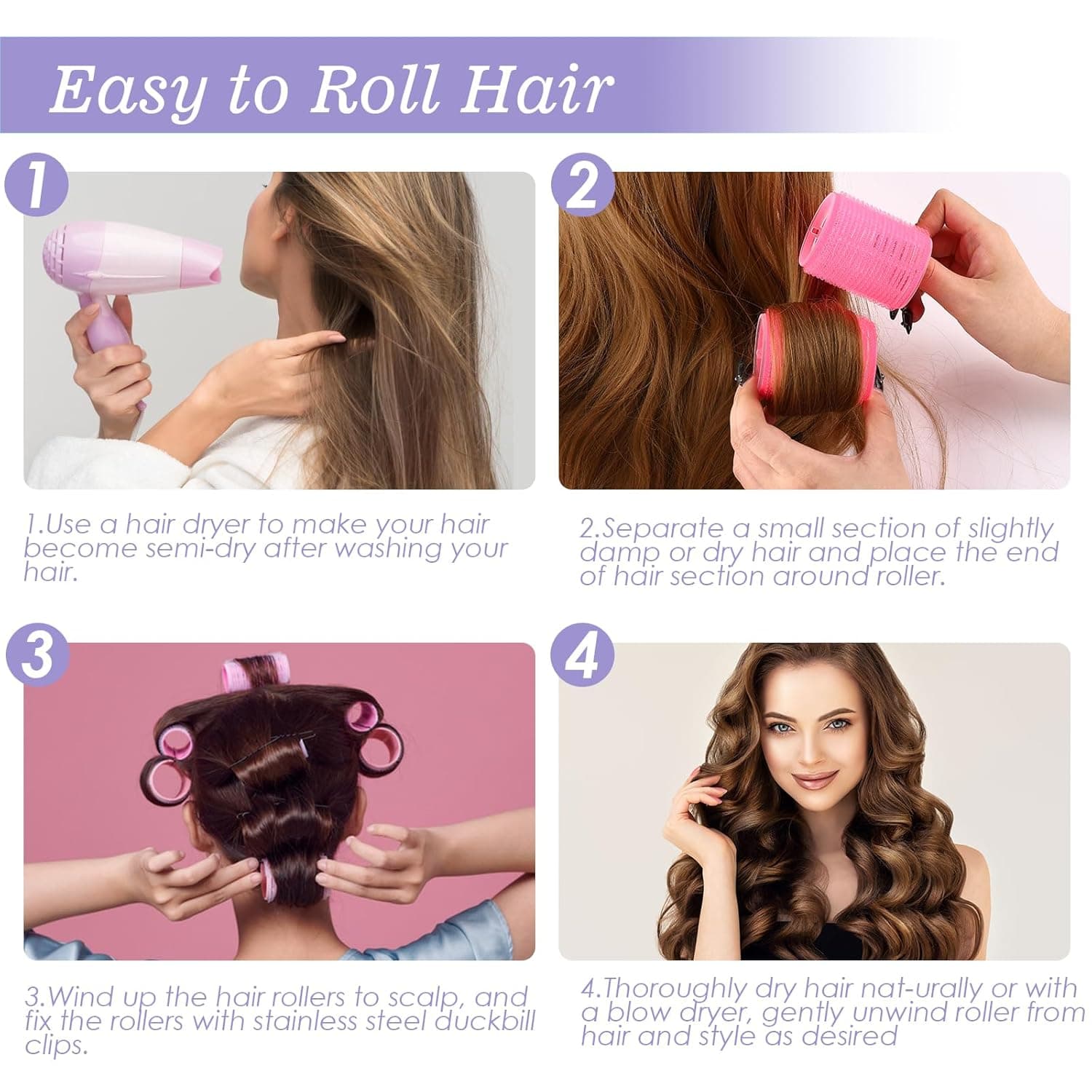 5 Size Hair Rollers, 72Pcs Roller Set, Hair Curlers for Blowout Look Long, Short Hair, Jumbo Large Big Small 30 Hair Rollers, 40 Roller Clips, Tail Comb, Storage Bag pink - Image 9