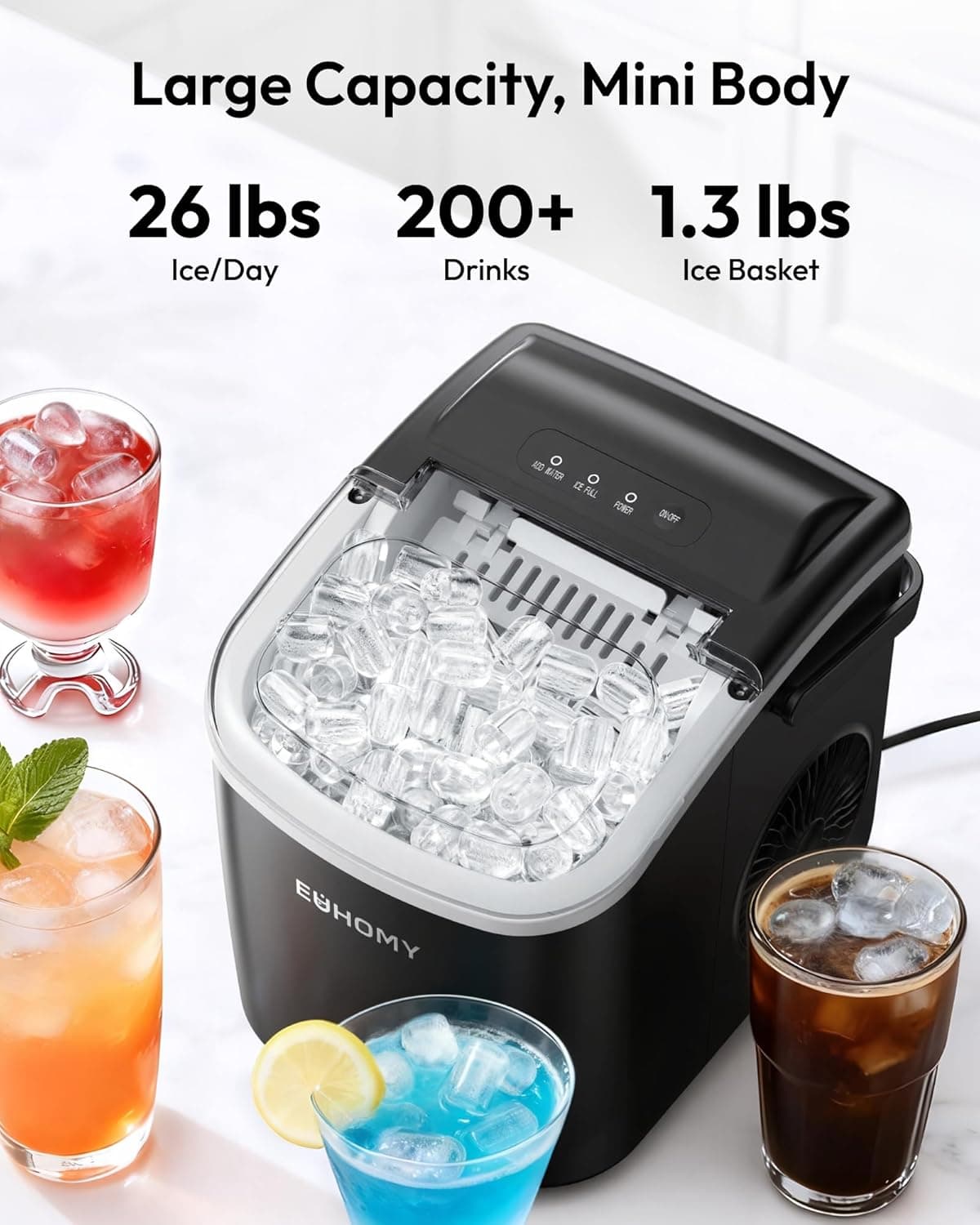EUHOMY Countertop Ice Maker Machine with Handle, 26lbs in 24Hrs, 9 Ice Cubes Ready in 6 Mins, Auto-Cleaning Portable Ice Maker with Basket and Scoop, for Home/Kitchen/Camping/RV. (Black) ICE MACHINE 11.57"D x 11.42"W x 8.74"H Black - Image 4