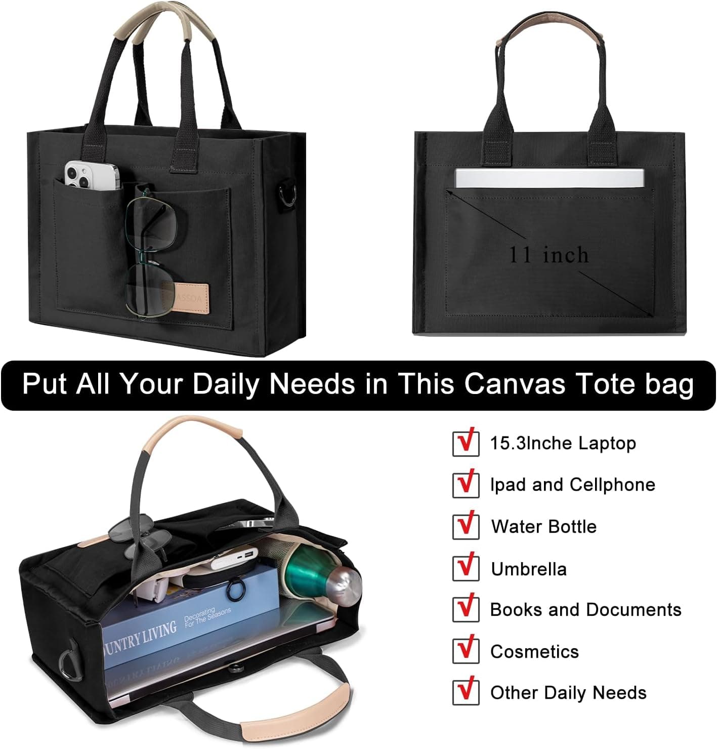 Tote Bags for Women Canvas Tote Purse Crossbody with Pockets Top Handle Shoulder Satchel Bag for Women Black - Image 5