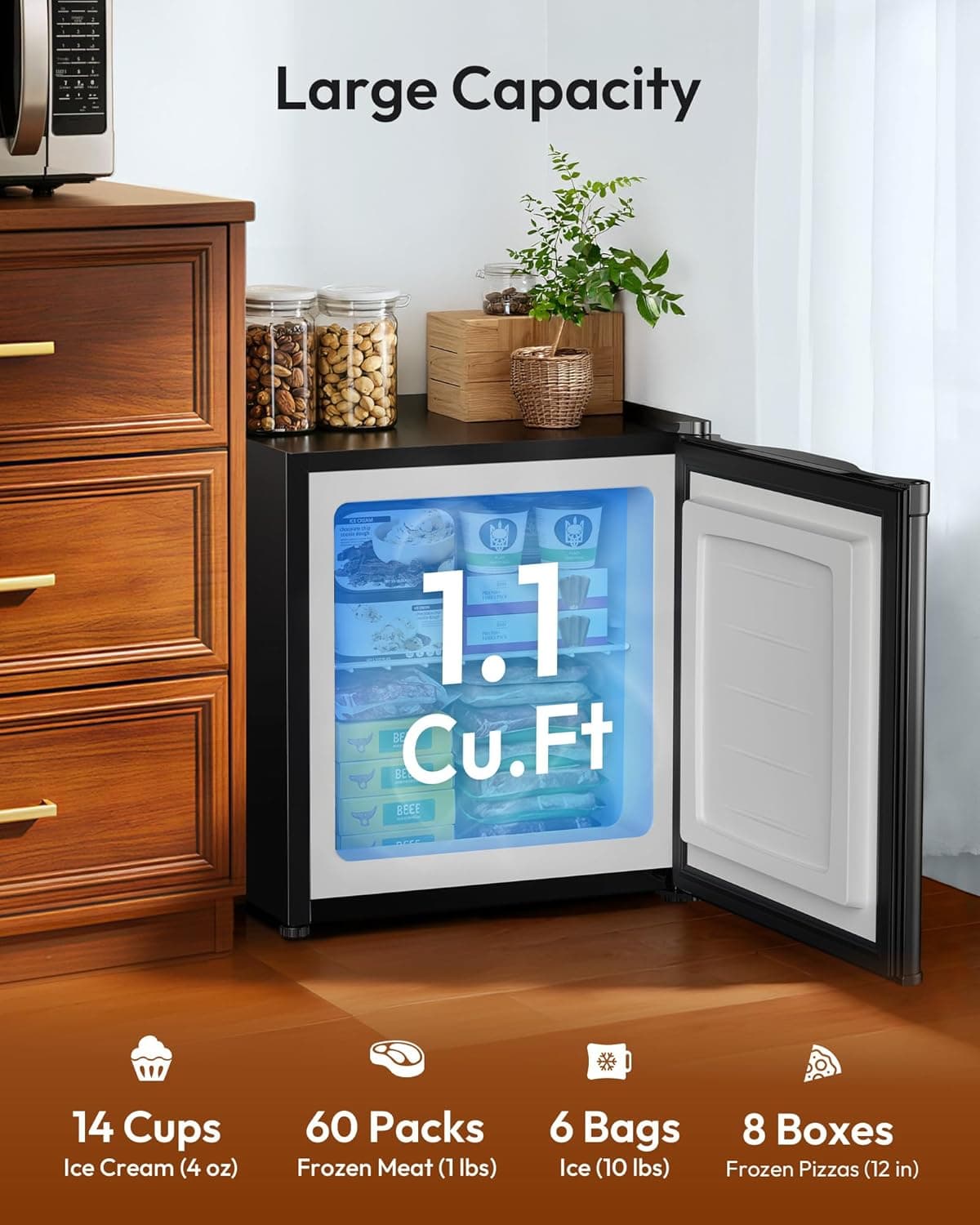 EUHOMY 1.1 Cubic Feet Mini Freezer, Countertop, Single Door Compact Upright Freezer with Reversible Door, Removable Shelves, Small freezer for Home/Dorms/Apartment/Office, New Black Black 1.1 CU.FT - Image 3