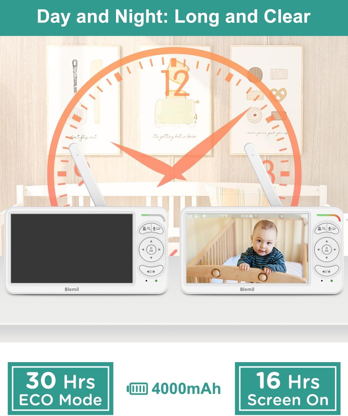 Blemil 6" Baby Monitor with 2 Cameras 4000mAh Battery Upgrade Split Screen Video Baby Monitor No WiFi Remote Pan-Tilt-Zoom Auto-Night Vision 150 Languages ECO Mode 2-Way Talk 1000FT (Ideal Condition) BL9064-2 - Image 6
