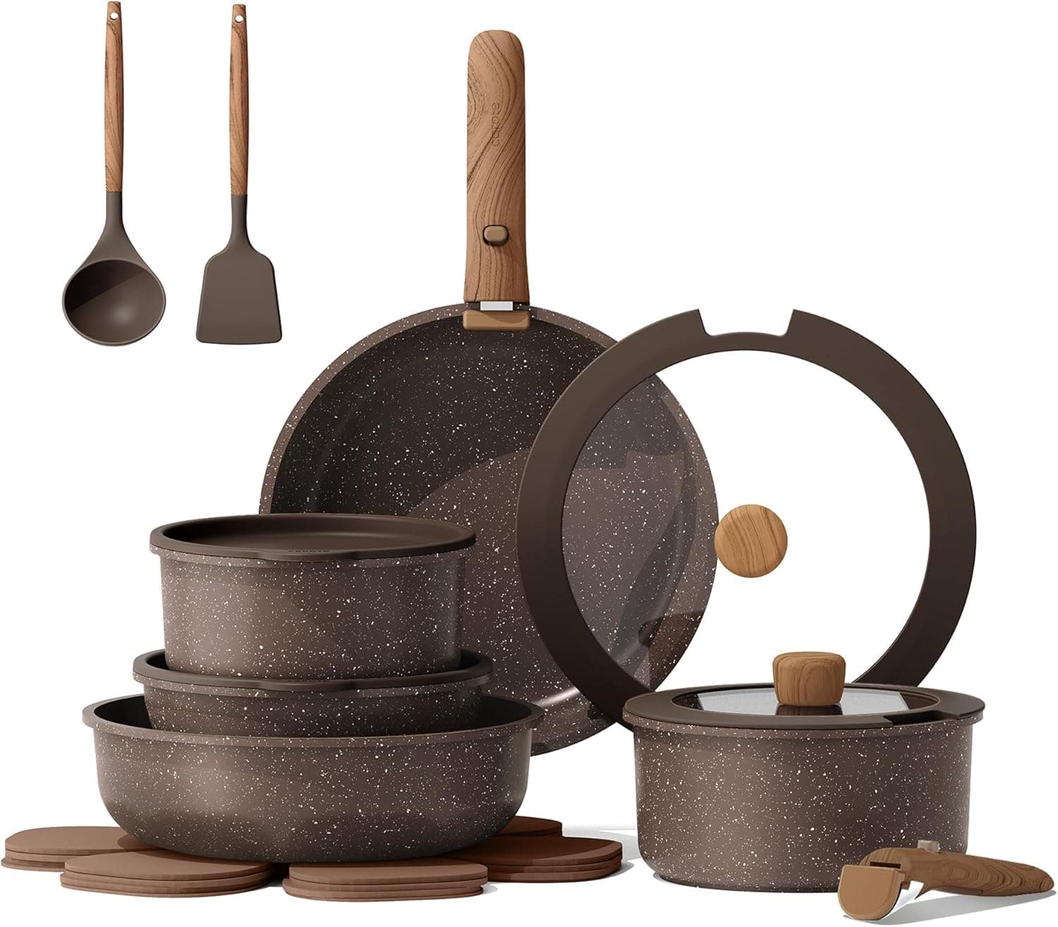 CAROTE 17PCS Pots and Pans Set Non Stick with Detachable Handle, Nonstick Cookware Sets, Cooking Kitchen Set, Oven/Dishwasher Safe, Induction Cookware, Brown, RV Kitchen Pot and Pan - Image 2